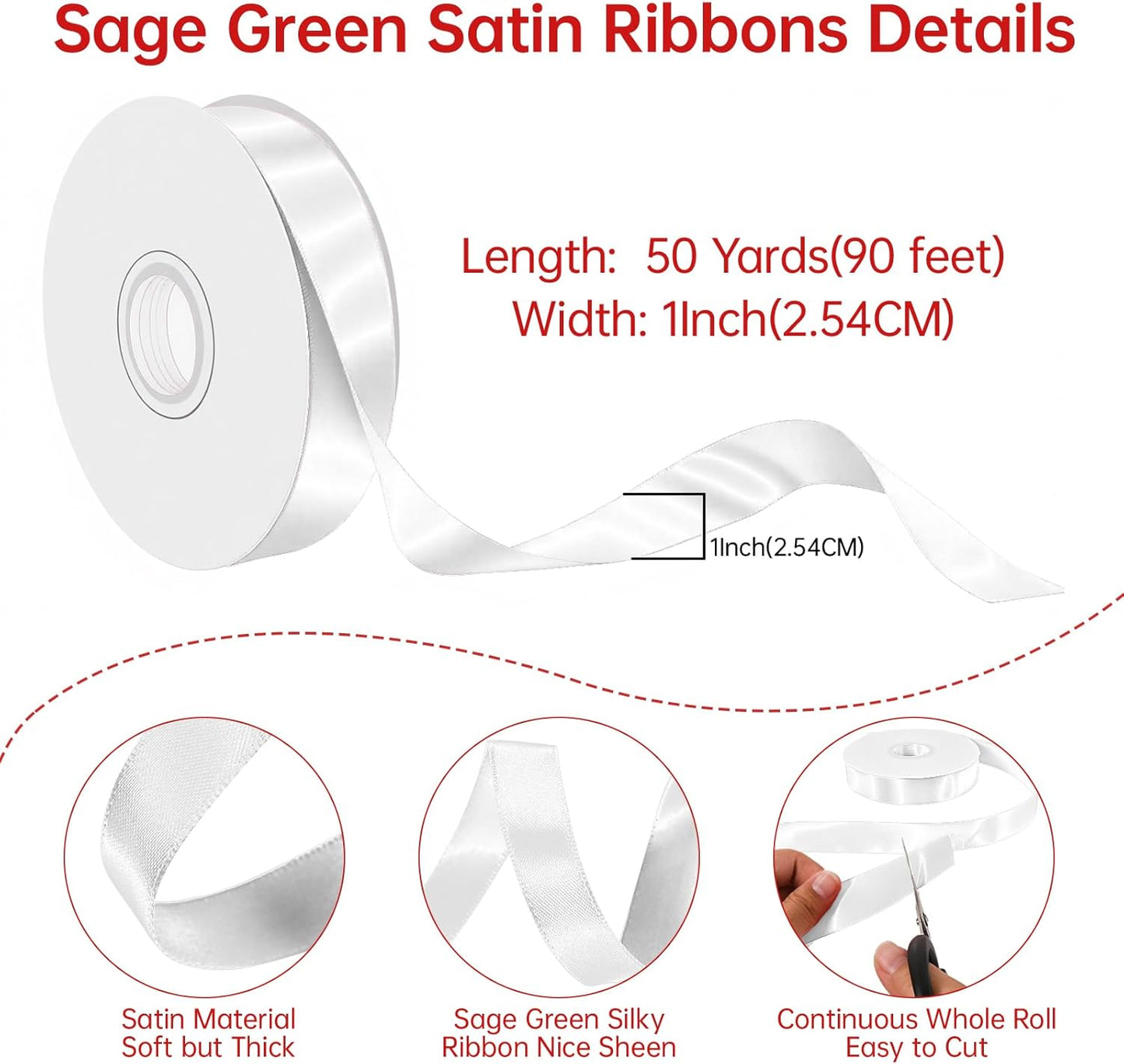 White Satin Ribbon 1 Inch Wide x 50 Yards Polyester, Double Faced Ribbon for Wedding Decorations, Gift Wrapping, DIY Bows, Craft Projects and Party Supplies