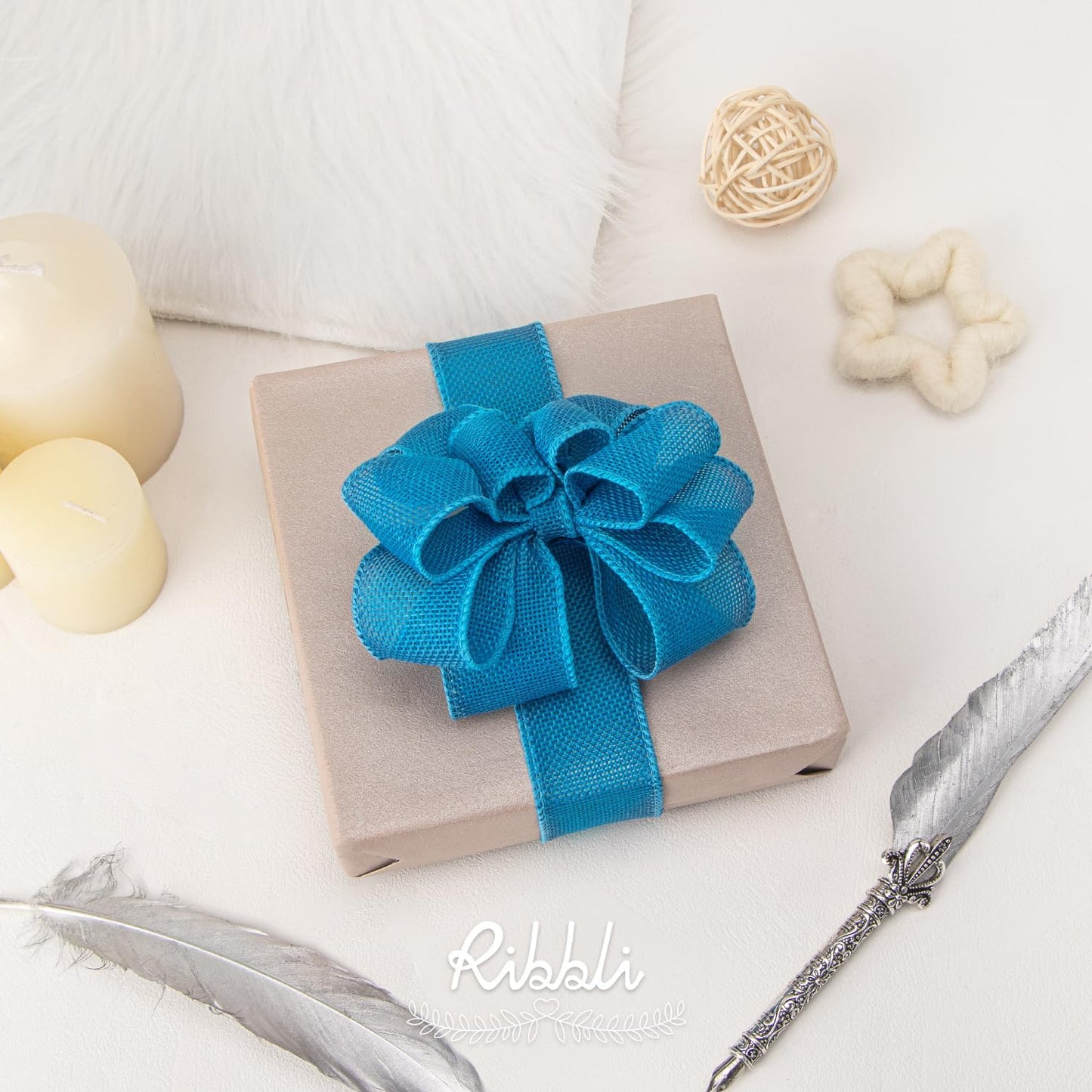 Ribbli Turquoise Blue Burlap Wired Ribbon,1-1/2 Inch x 10 Yard, Wired Edge Ribbon for Big Bow,Wreath,Tree Decoration,Outdoor Decoration