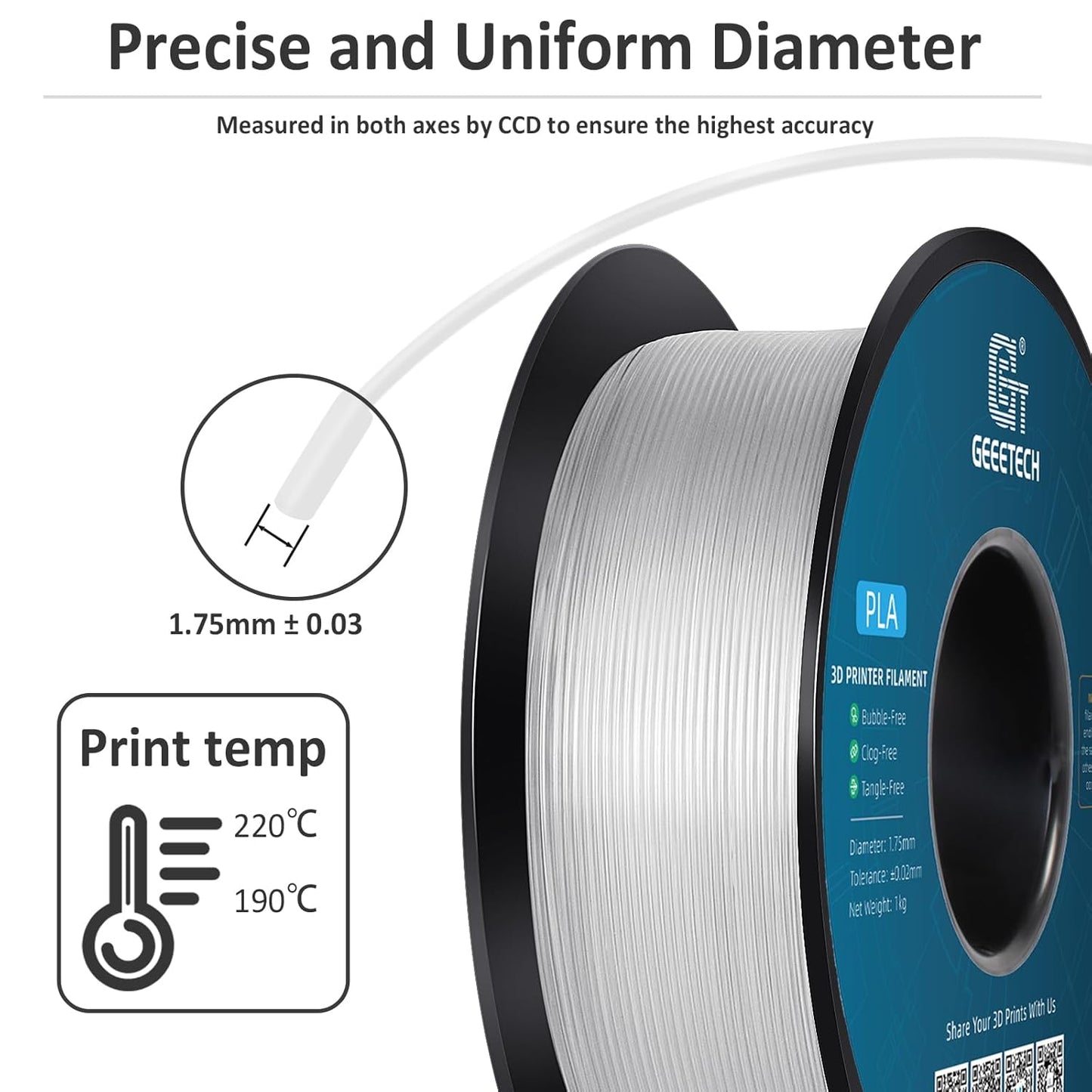 Geeetech Clear PLA Filament 1.75mm, Excellent Transparency, Neatly Wound 3D Printer Filament 1kg(2.2lbs), Dimensional Accuracy +/- 0.02 mm, Fit Most FDM 3D Printers