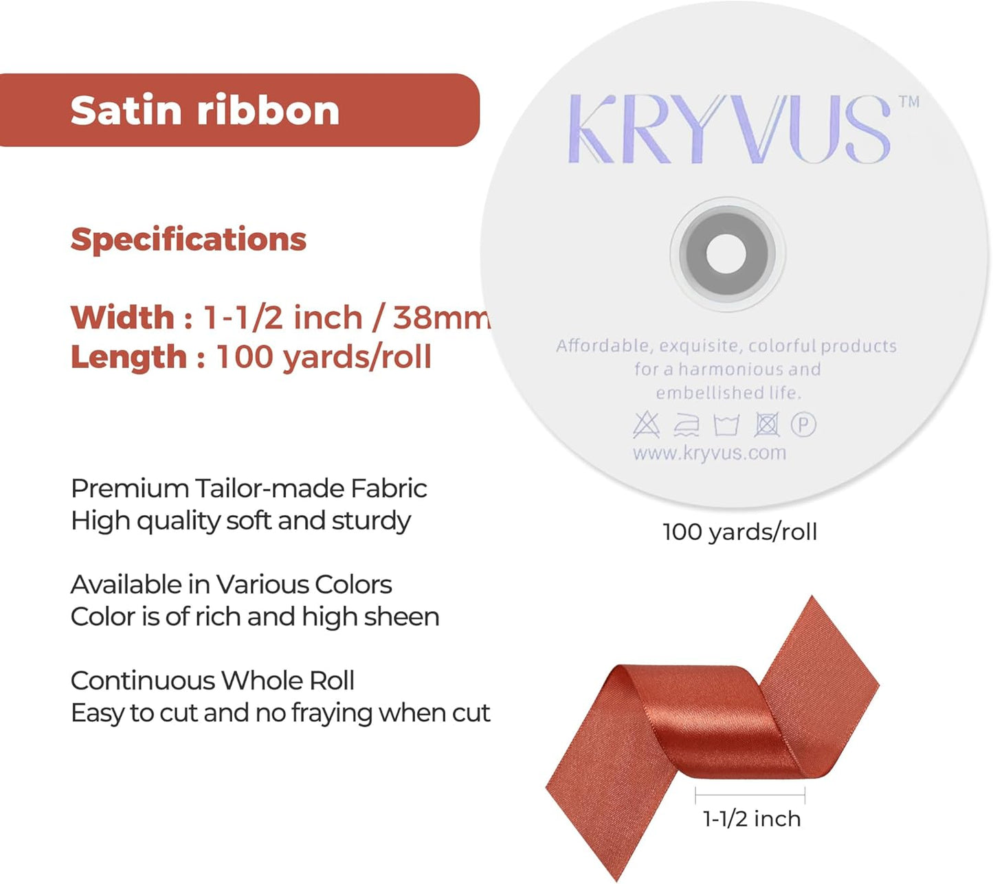 Copper Satin Ribbon 1-1/2 inch X Continuous 100 Yards, Single Face Polyester Ribbon Perfect for Gift Wrapping, Flower Bouquet, Wedding Decor, Crafts, Bow Making, Sewing and More