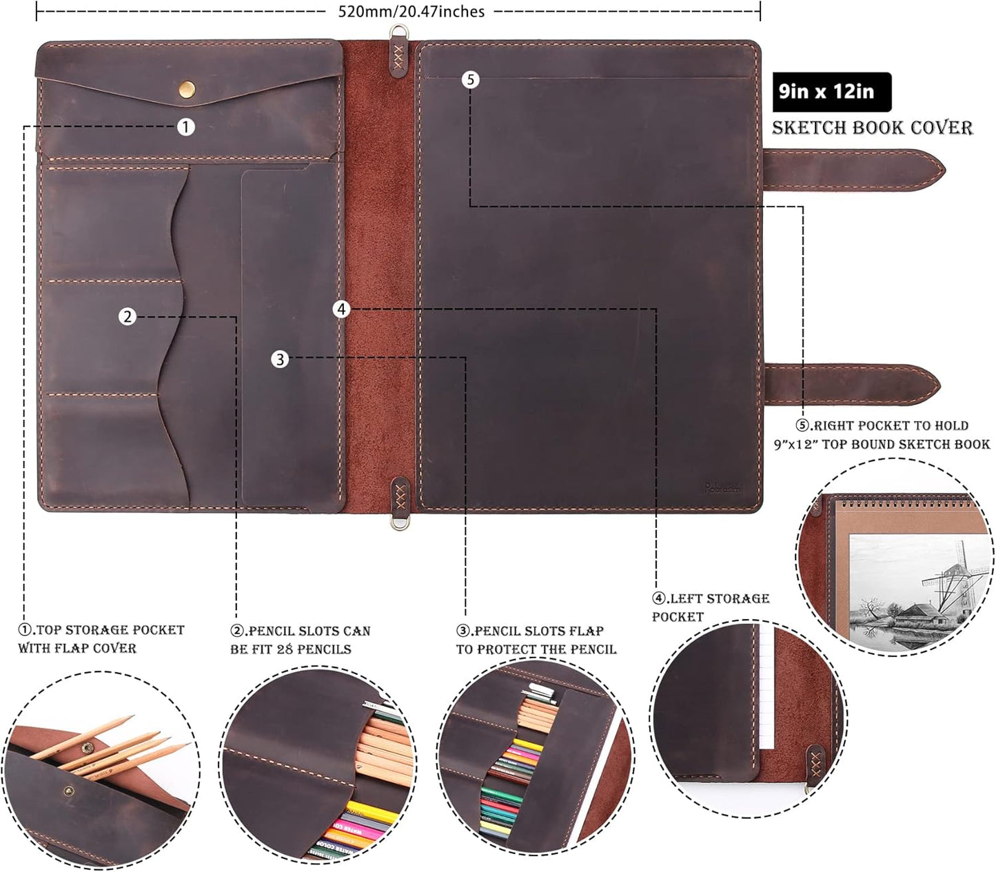 Robrasim Handmade Leather Sketchbook Cover, Artist Sketch Pad Holder for 9"X12" Top Spiral Bound Sketchbook, Drawing Book Pencil Case, Journal Portfolio with Shoulder Strap, Artist Gifts,Coffee