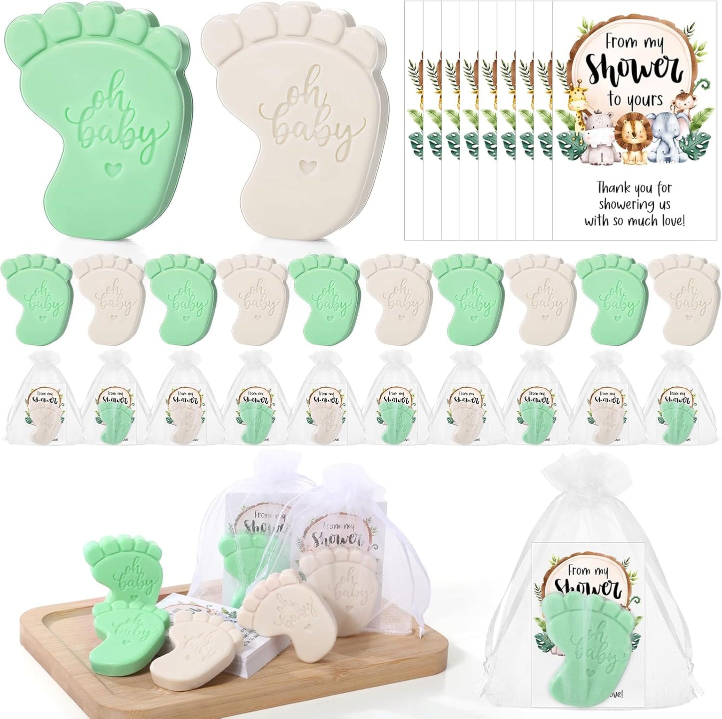 50 Sets Baby Shower Soap Favors for Guests - Mini Handmade Footprint Scented Soap with Thank You Cards and Organza Bag, Party Gifts for Gender Reveal Baptism Shower(Gray and Light Green)
