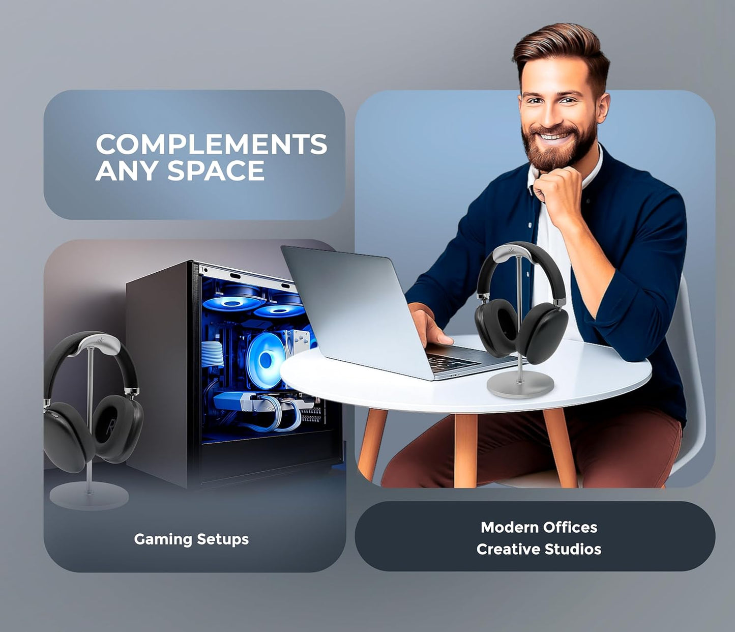 Headphone Stand for Desk – Premium & Minimalist Headset Holder with Round or Oval Base for Gaming, Office & Home (Silver, Standard)