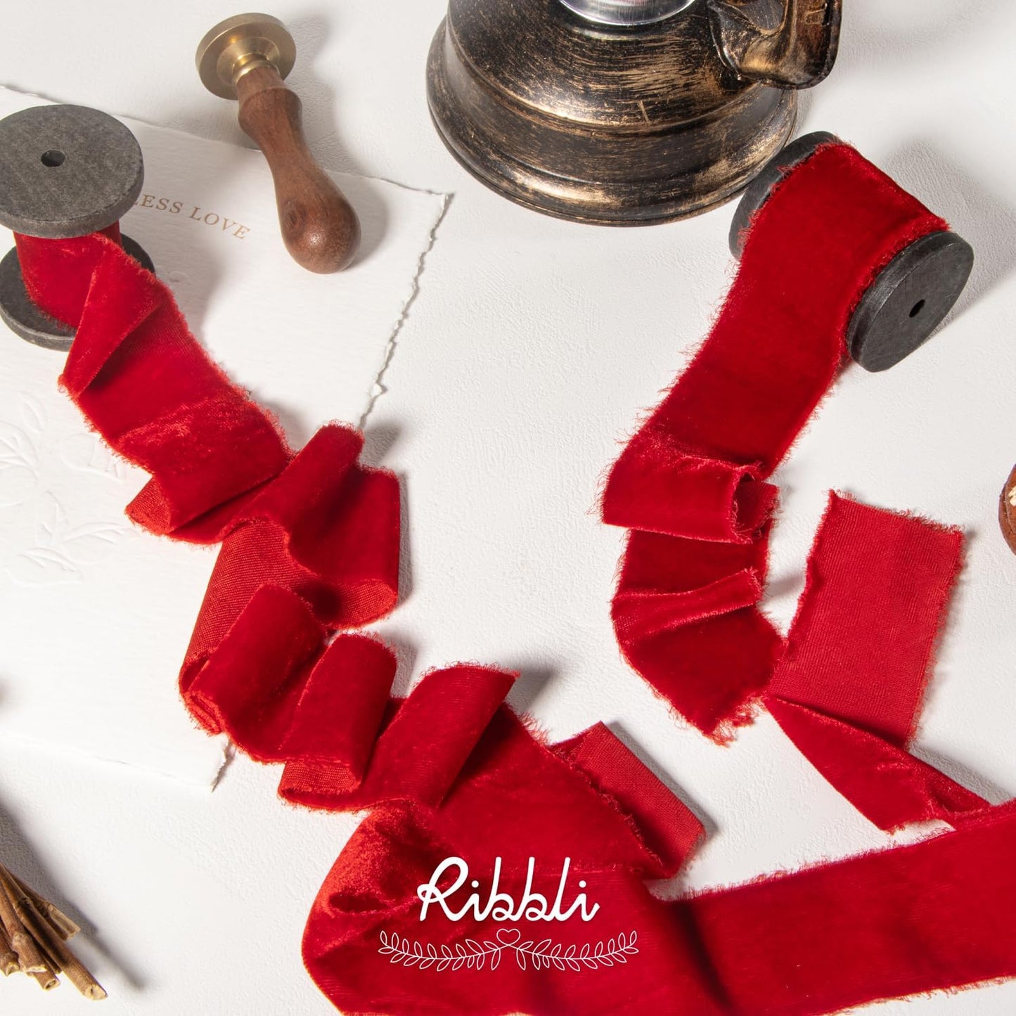 Ribbli Red Velvet Ribbon 1.5 Inch Handmade Frayed Vintage Christmas Ribbon for Gift Wrapping Christmas Tree Ornament Wreath Craft Home Decor -Total 3 Yards with Wooden Spool
