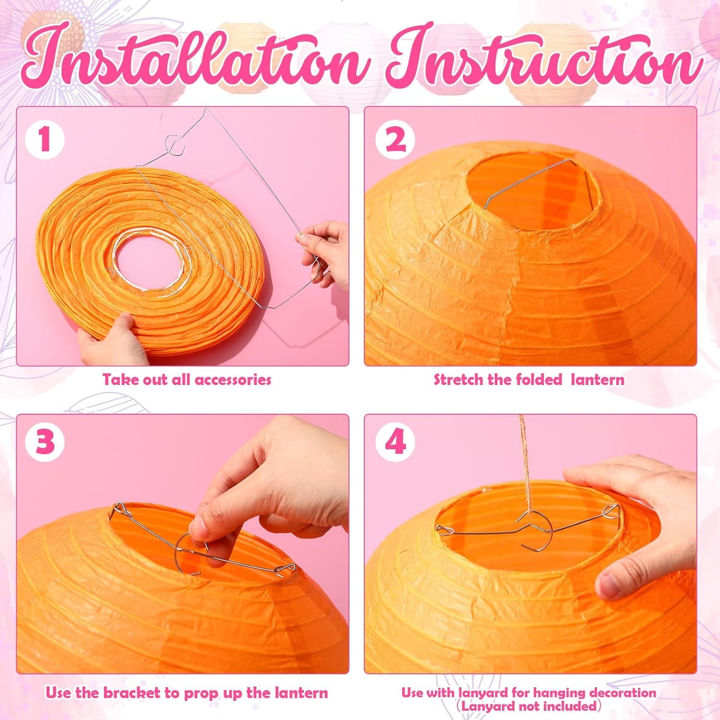 Riakrum 16 Pcs Pink and Orange Paper Lanterns Birthday Party Decorations Mixed Size 6'' 8'' 10'' 12'' Colorful Chinese Hanging Paper Lanterns for Wedding Home Decorations Supplies