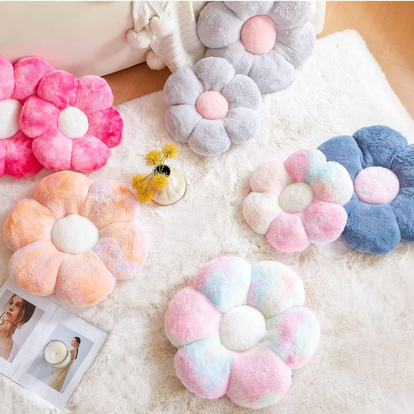 Silver Flower Pillow, 17.7" Flower Shaped Plush Decorative Throw Pillow for Bed