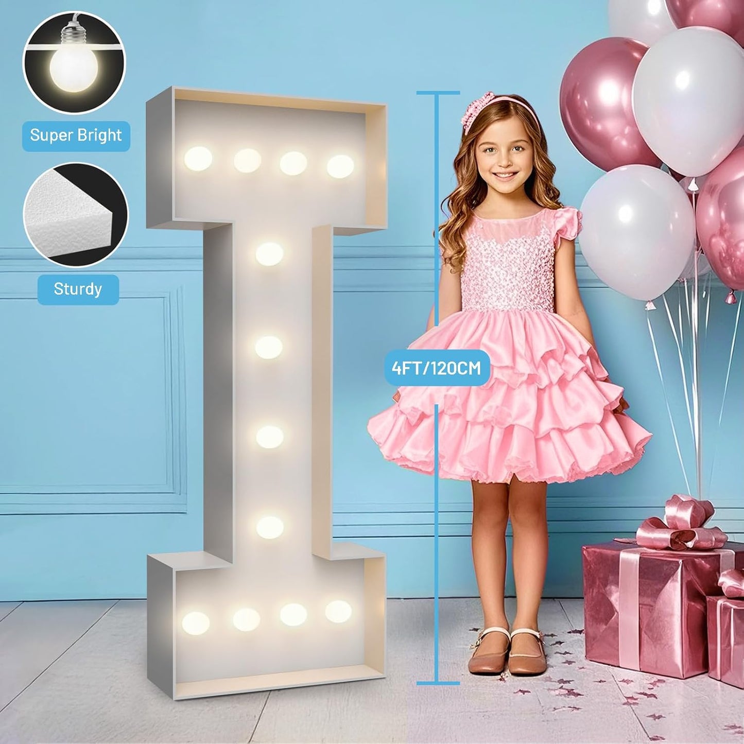 4FT Marquee Light Up Letters I,Party Decoration Large Marquee Light Up Letters with Weighted Water Bag,Pre-cut Foam Board Set Can Be Used for Birthdays,Weddings,Baby Anniversaries