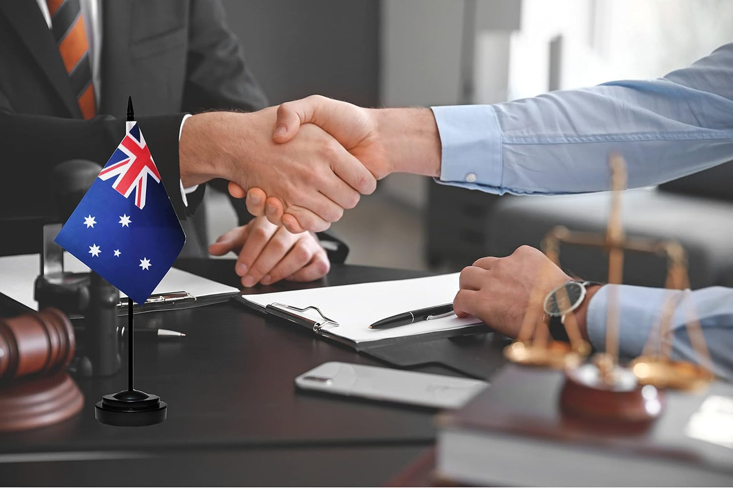 Australia Australian Deluxe Desk Flag Set Small Mini Miniature Australia Australian Table Desktop Flags With Solid Pole, Black Base and Spear Top(2 Pack)