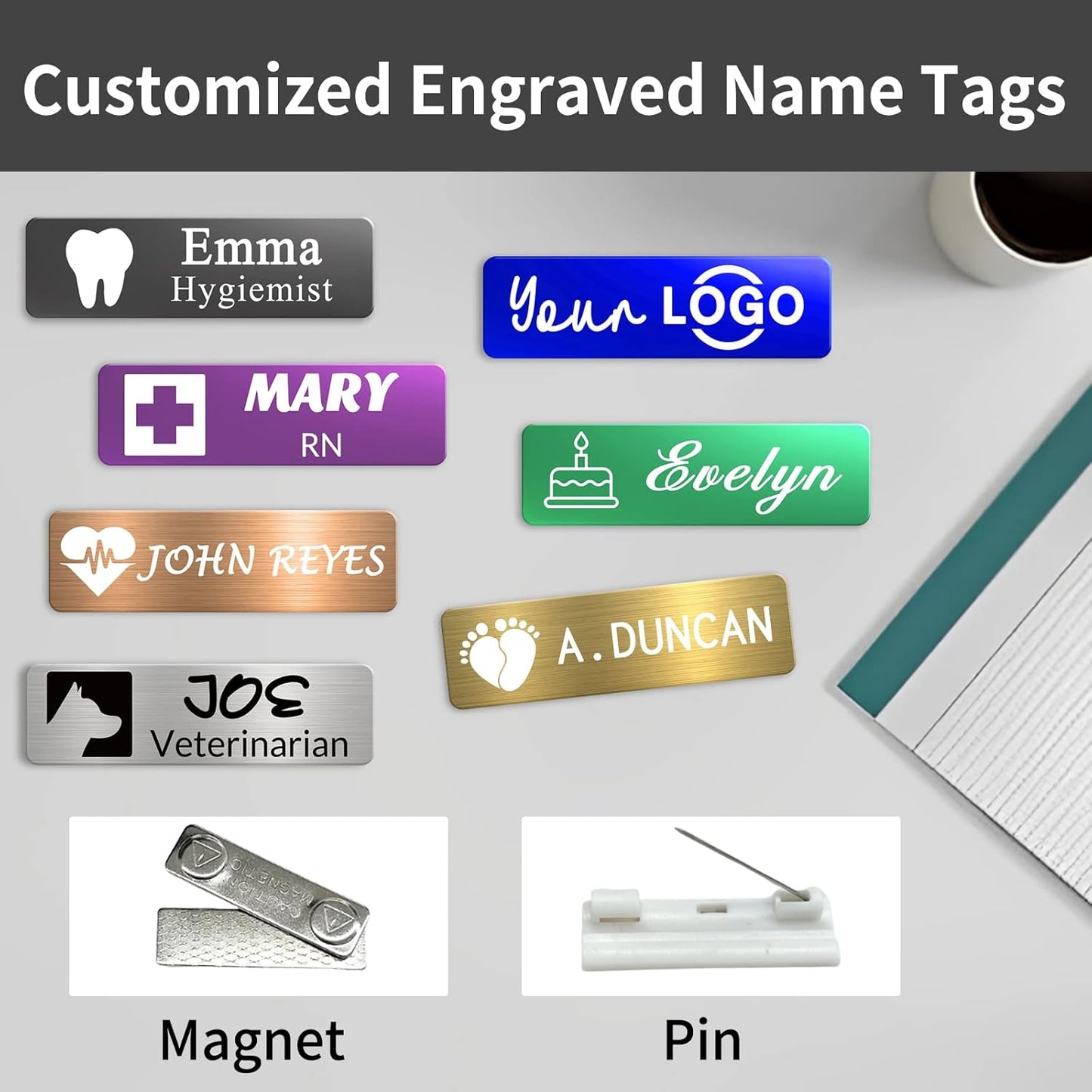 Custom Engrave Name Tag Badges Personalized Magnetic Name Badges with Logo Customize Metal ID Work Tags with Pin Backing Name Tag for Nurses Uniforms Employees Staff