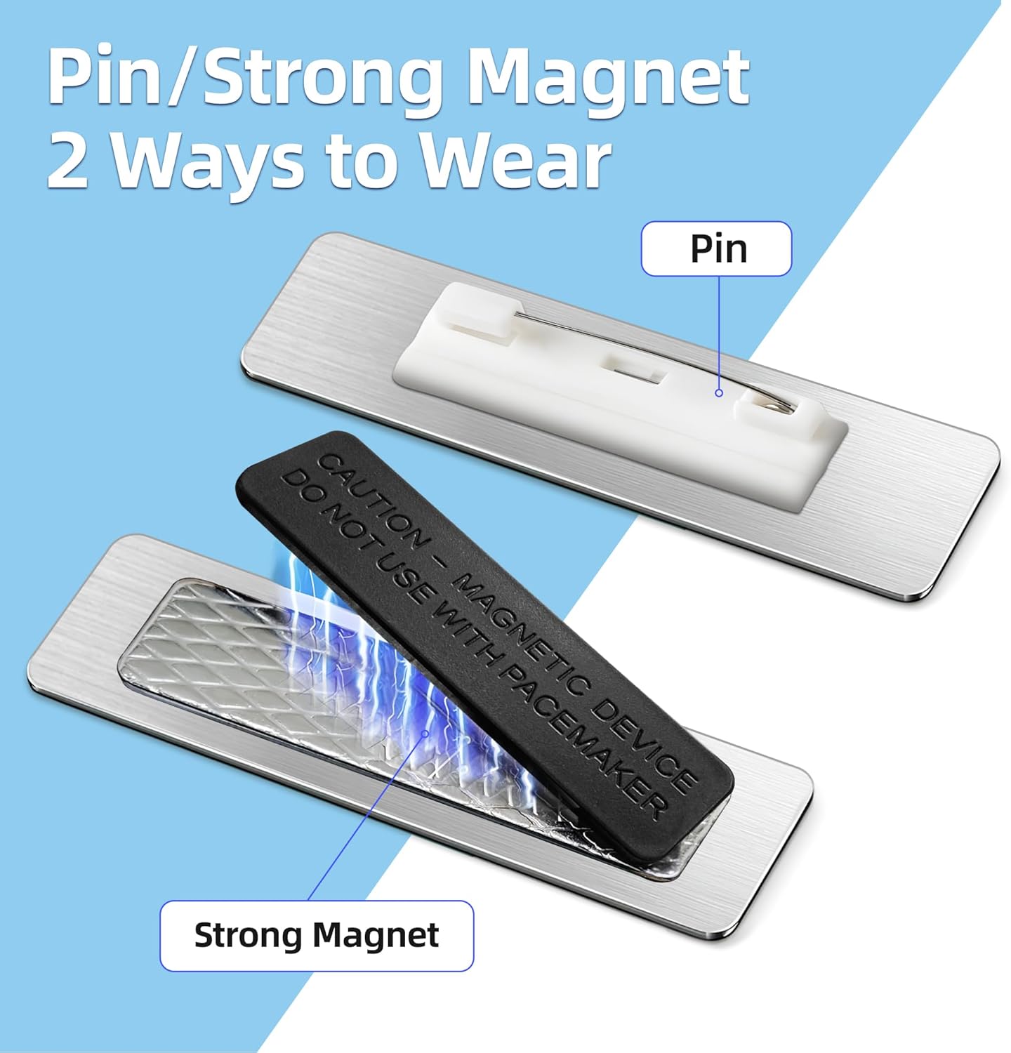 Magnetic Name Tags Personalized - Metal Engravable Name Badges with Pin or Strong Magnetic Backing for Teachers, Kids, Business, 1x3 Inch (Blue, Design 1)