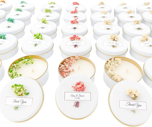 Scented Soy Wax Candle Favors with Dried Flowers - Personalized for Weddings, Bridal Showers, Baby Showers, Birthdays (10-20-30-40-50-100 PCS in Bulk)