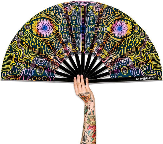 UV Glow Rave Fan, Bamboo Folding Clack Hand Fans Foldable for Men Women, Boots on the Ground Poping Fan for EDM Festival Line Dance Decoration, (Space Psychedelic, Medium 11")