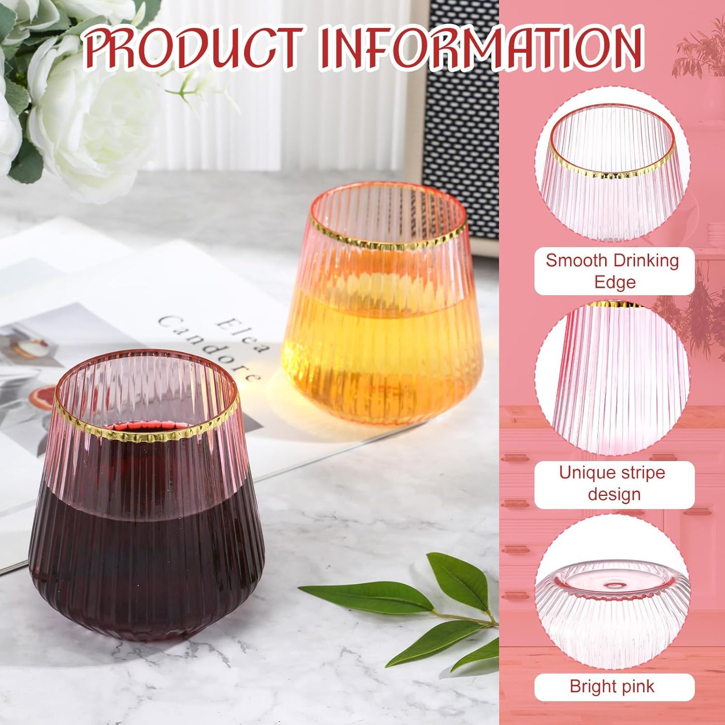 24 Pcs Pink Plastic Wine Glasses Ribbed Disposable Wine Glasses Unbreakable Stemless Champagne Whiskey Cups Ribbed Cocktail Plastic Cups for Wedding Home Office Bar (12 oz,Gold rim)