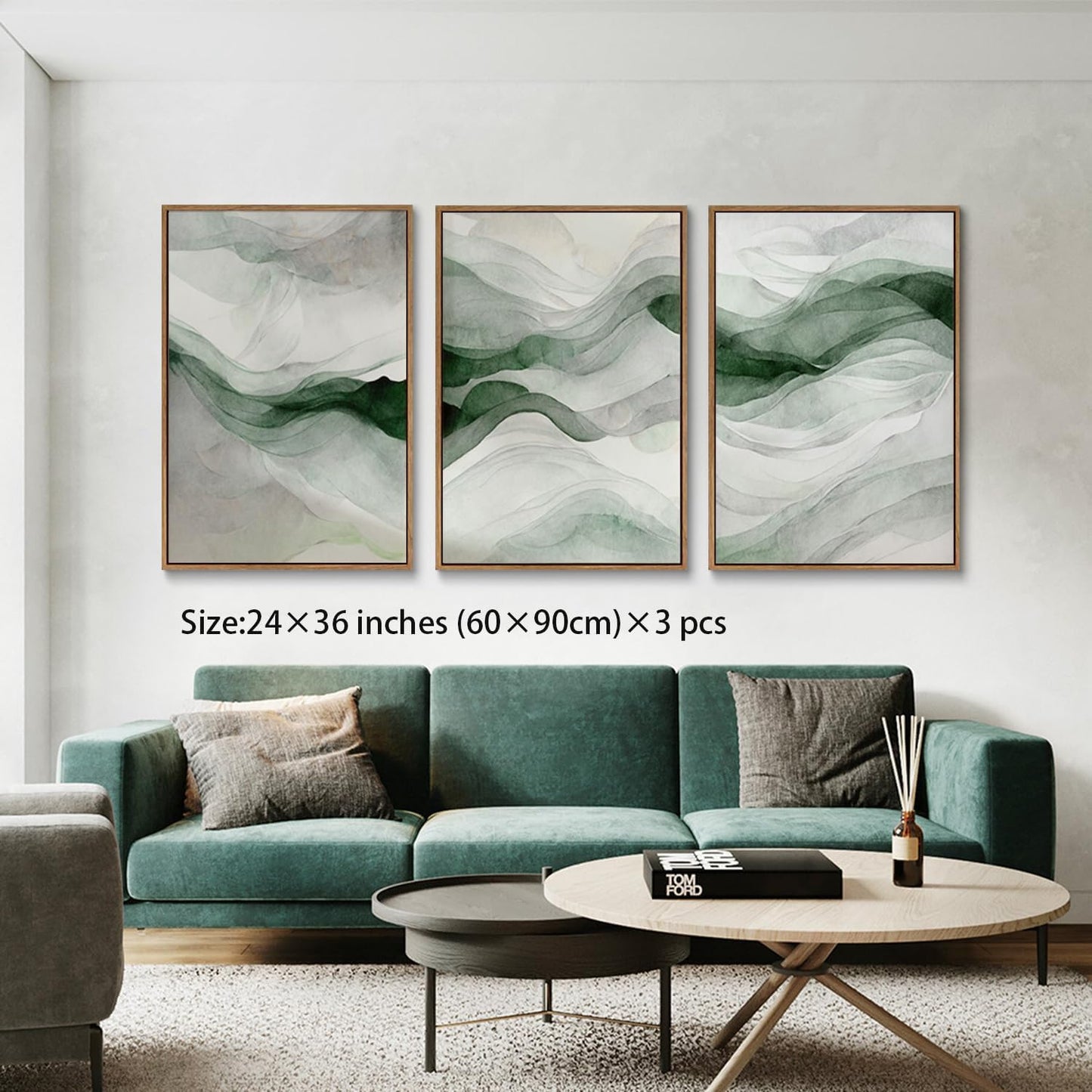 myusuar 3 Piece Large Abstract Framed Wall Art For Living Room, Smoke Texture Ink Teal Soft Green Canvas Wall Art Modern Minimalist Art Prints Wall Décor For Bedroom Office 24x36in