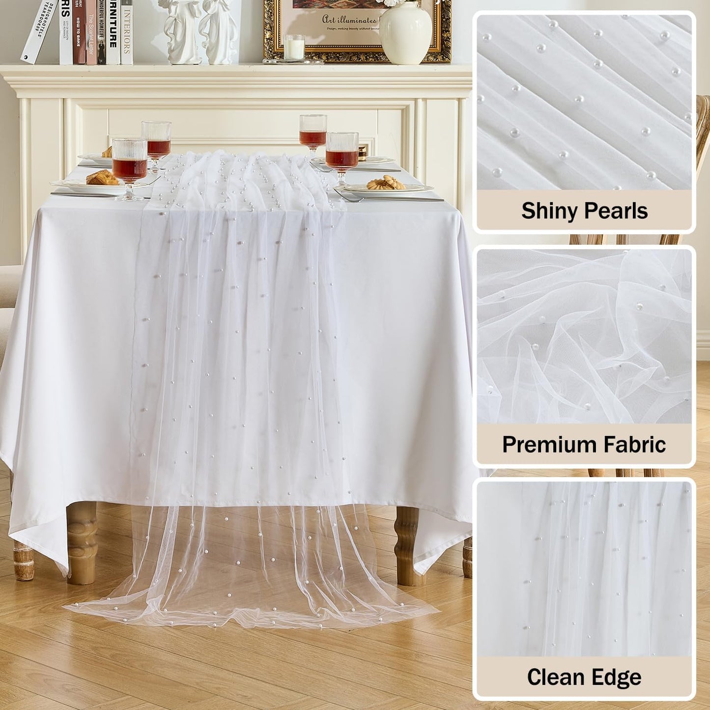 Fanami 1 Pack Pearl Table Runner -10FT Ivory White Boho Tulle Table Runners 120 Inches Long Rustic Sheer Lace Fabric Centerpieces for Wedding Arch Birthday Party Bridal Veil Baby Shower Decorations