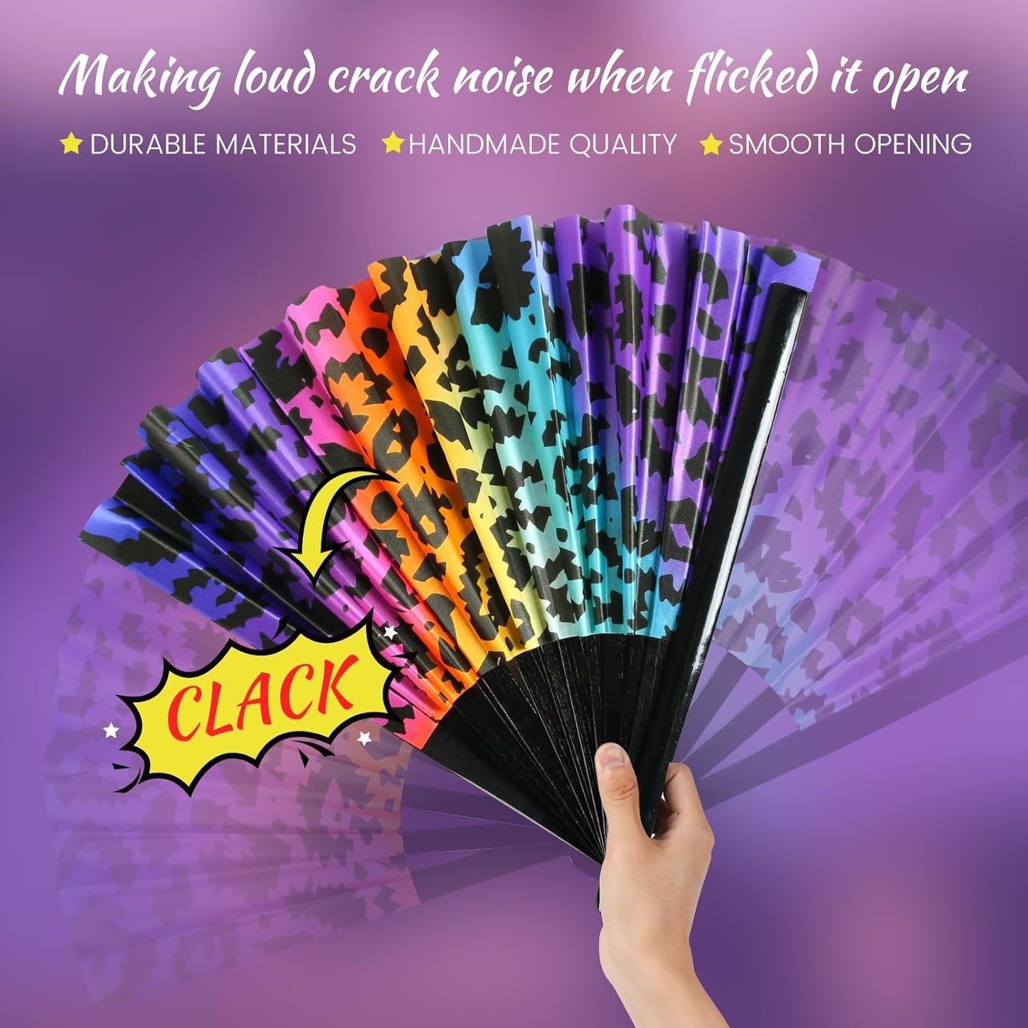 SYNTECSO Folding Hand Fan for Rave, Popping Fan for Line Dancing, Drag Queen, Women and Men Gift，Chinese Japanese UV Glow Clack Fan for Parties, Music Festivals, EDM and Decoration