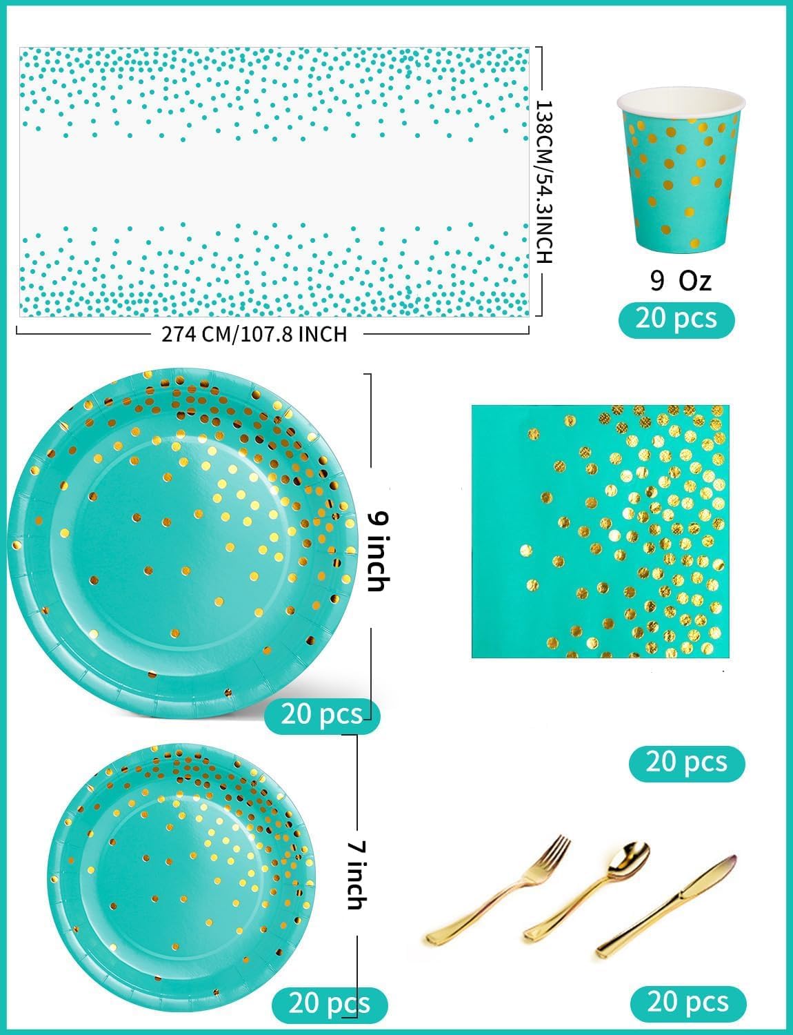 141 Pieces Blue Green and gold Party Supplies, Party Dinnerware Sets Include Paper Plates Napkins Cups Silverware, for Wedding Bridal Shower Engagement Birthday Parties Decoration -20 Serves