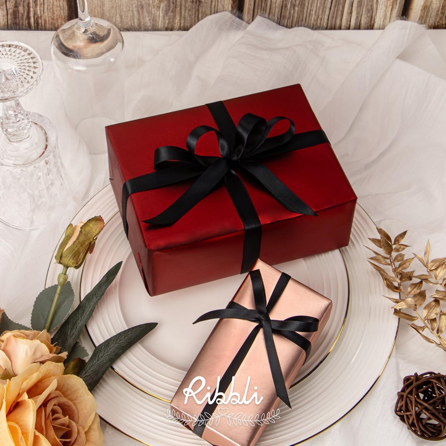 Ribbli Double Faced Black Satin Ribbon,1/4” x Continuous 25 Yards,Use for Bows Bouquet,Gift Wrapping,Floral Arrangement