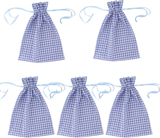Meseey 5 Pcs Large Buffalo Plaid Burlap Bags with Drawstring Gift Bags Gingham Sacks Bags Gift Pouch Bag for Easter Spring Birthday Baby Shower (12Wx16L, blue-white plaid)