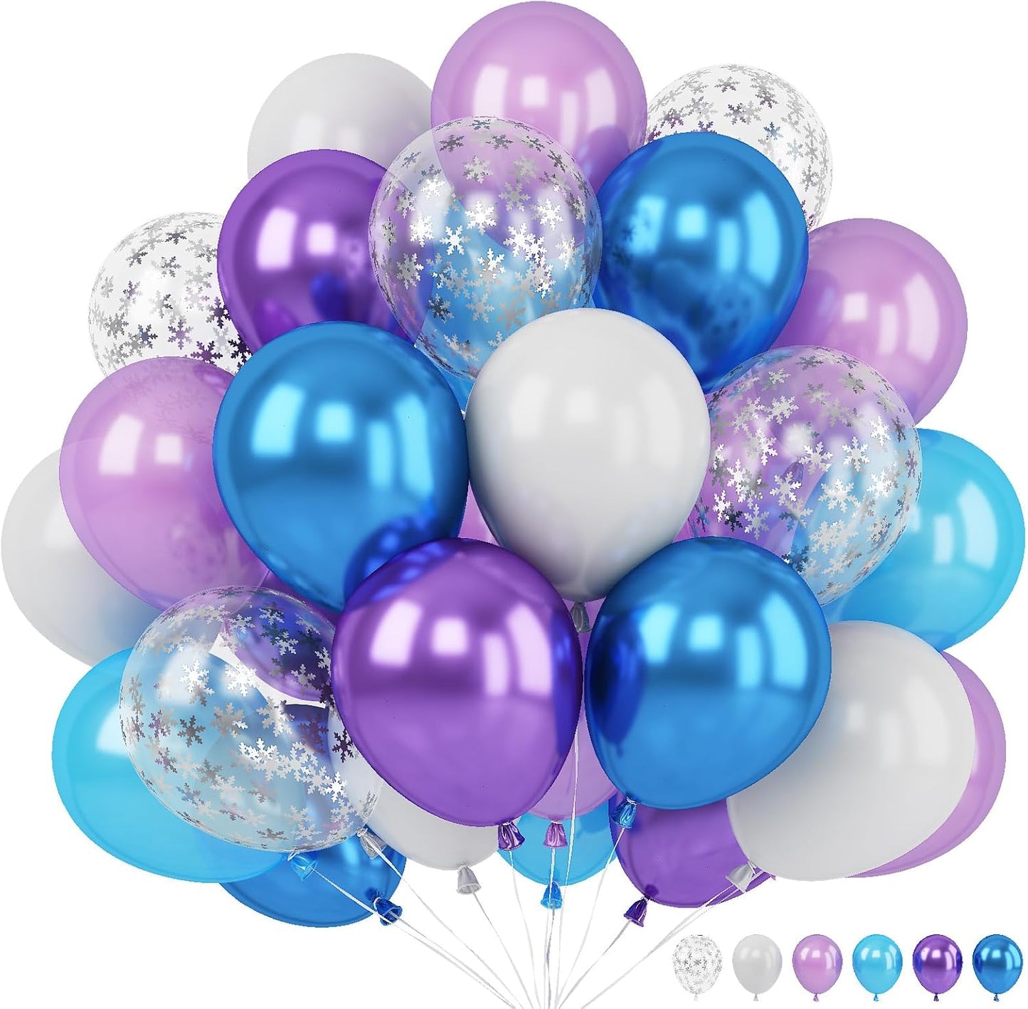 Blue Purple Snowflake Balloons Set, 12 Inch Metallic Blue Purple Balloon Snowflake Confetti Latex Balloons Metallic Silver Girls Birthday Party Decoration for Children Winter Birthday Party Supplies