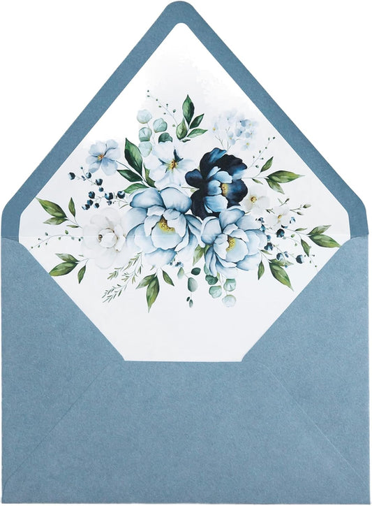 PONATIA 50PCS A7 Euro Flap Envelopes, 5.25 x 7.25'' Dusty Blue Flowers Liner Envelopes for Wedding Invitations, Photos, Postcards, Greeting Cards, Christmas Gift Cards, Acrylic Mailing, 5x7 envelopes