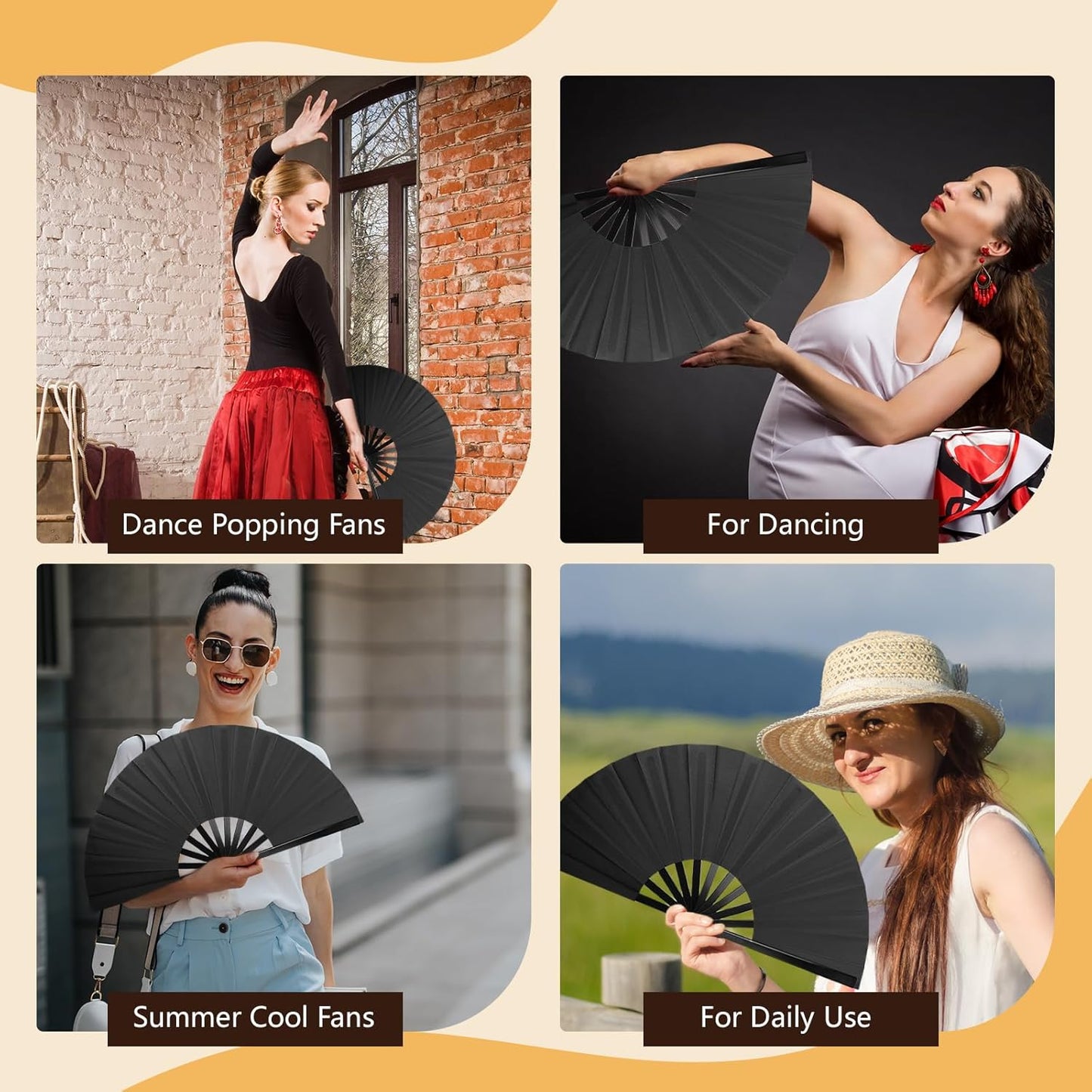 8PCS Large Chinese Folding Fans with 8 Fan Sleeves, Boots on The Ground Hand Fans Bulk, Clacking Fans for Line Dancing, Popping Fans for Line Dancing (Black)