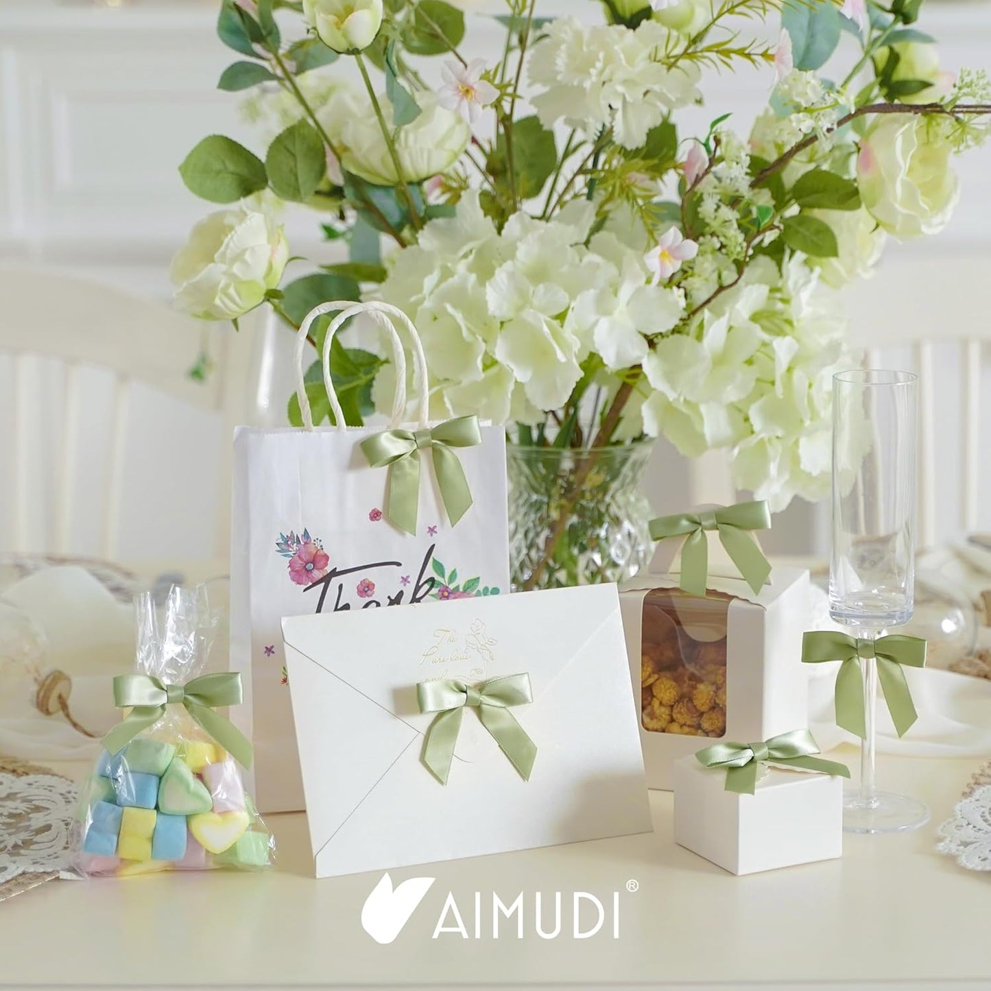 AIMUDI Sage Green Satin Ribbon Twist Tie Bows 2.5" Pretied Bows Premade Craft Bows for Treat Bags Cake Pop Gift Wrapping Basket Wedding Favors Cookie Candy Bagging Baby Shower - 50 Counts