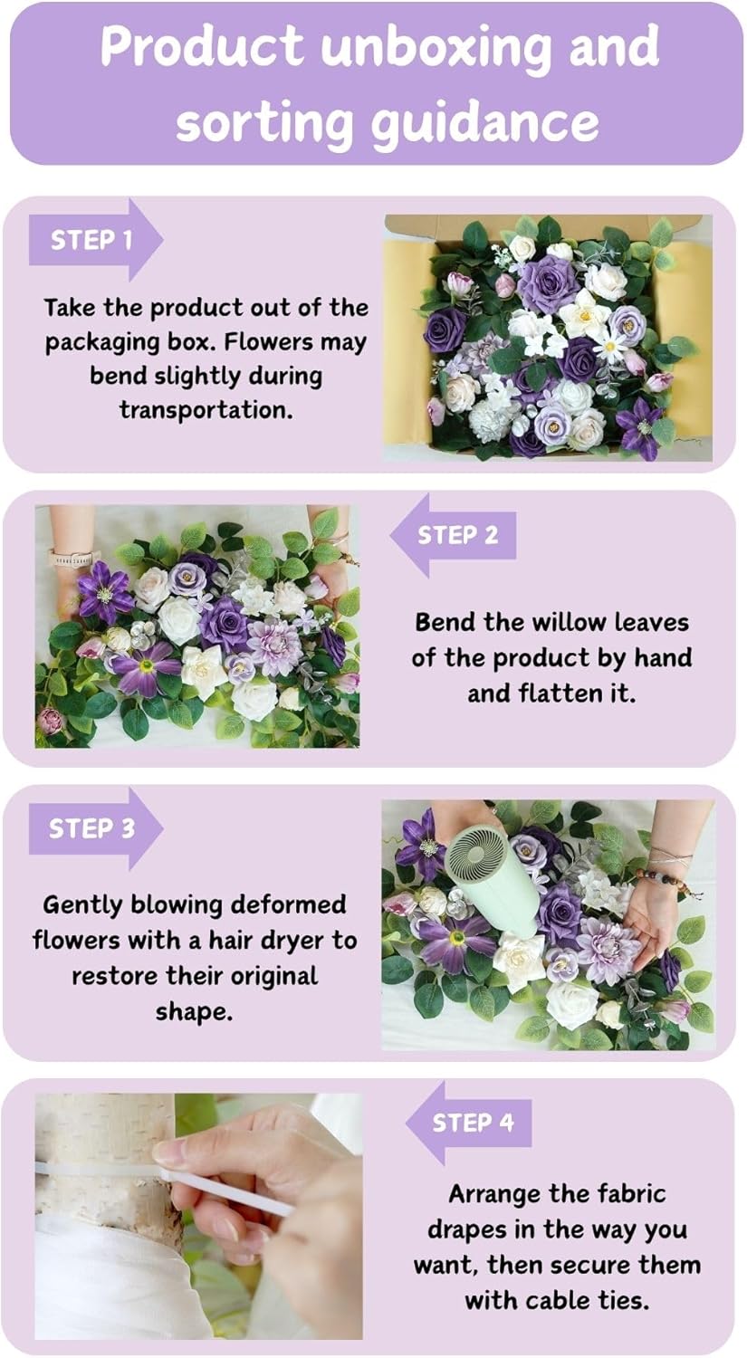 Artificial Wedding Arch Flowers Kit(Pack of 4),2Pcs Artificial Flower Arch Decor, 2Pcs Chiffon Fabric Drapes, Ceremony Decoration, Floral Outdoor Party Decor (Violet & Champagne)