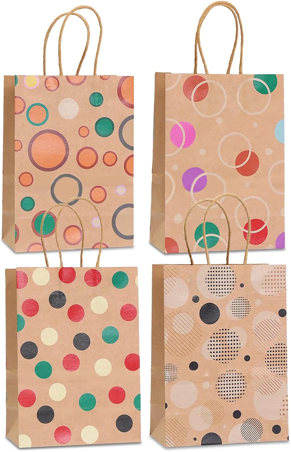 piqiya 24pcs Vintage Polka Dot Gift Bags with Handles,Colorful Dots, Circles, Spots Pattern Kraft Paper Bags for Clown Joker Party,Birthday Gift Wrap,Goody Treat Bags