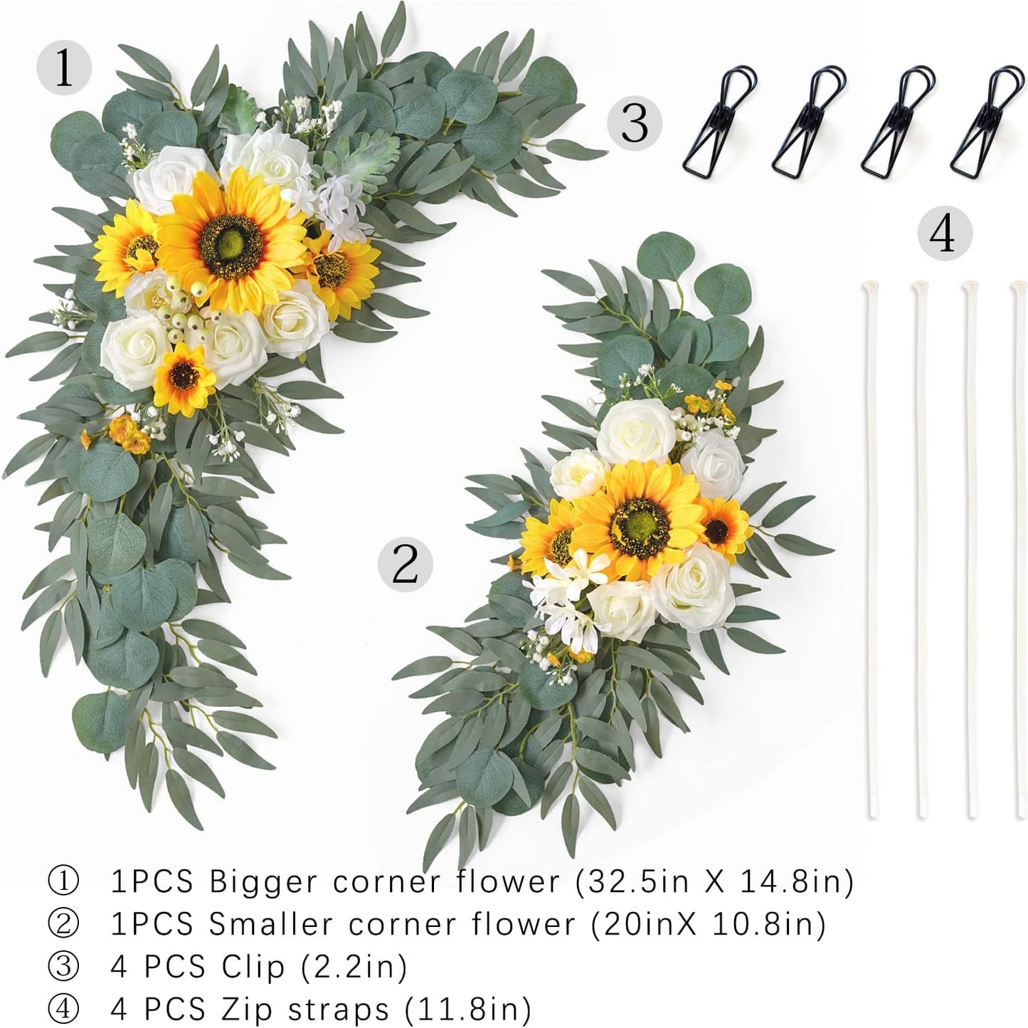 Ponatia Artificial Wedding Arch - Flowers (Pack of 2), White & Sunflowers for Wedding Welcome Signs and Ceremony Decorations