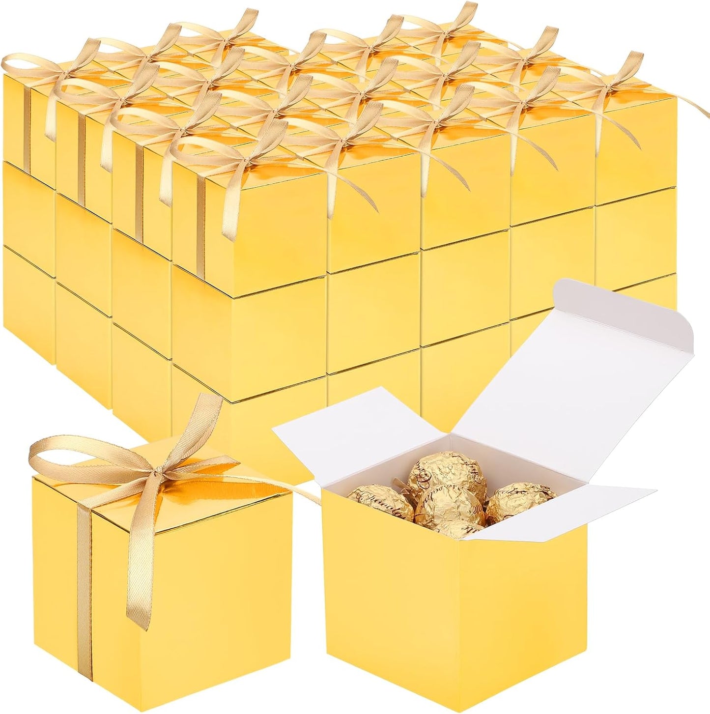 EUSOAR Candy Boxes Party Favors, 60pcs 3x3x3 Inches Gold Macaron Boxes Small Gift Box with Ribbon, Cube Thank You Gifts Box Macaron Mini Muffins Container for Wedding Bridal Party Favor Decorations