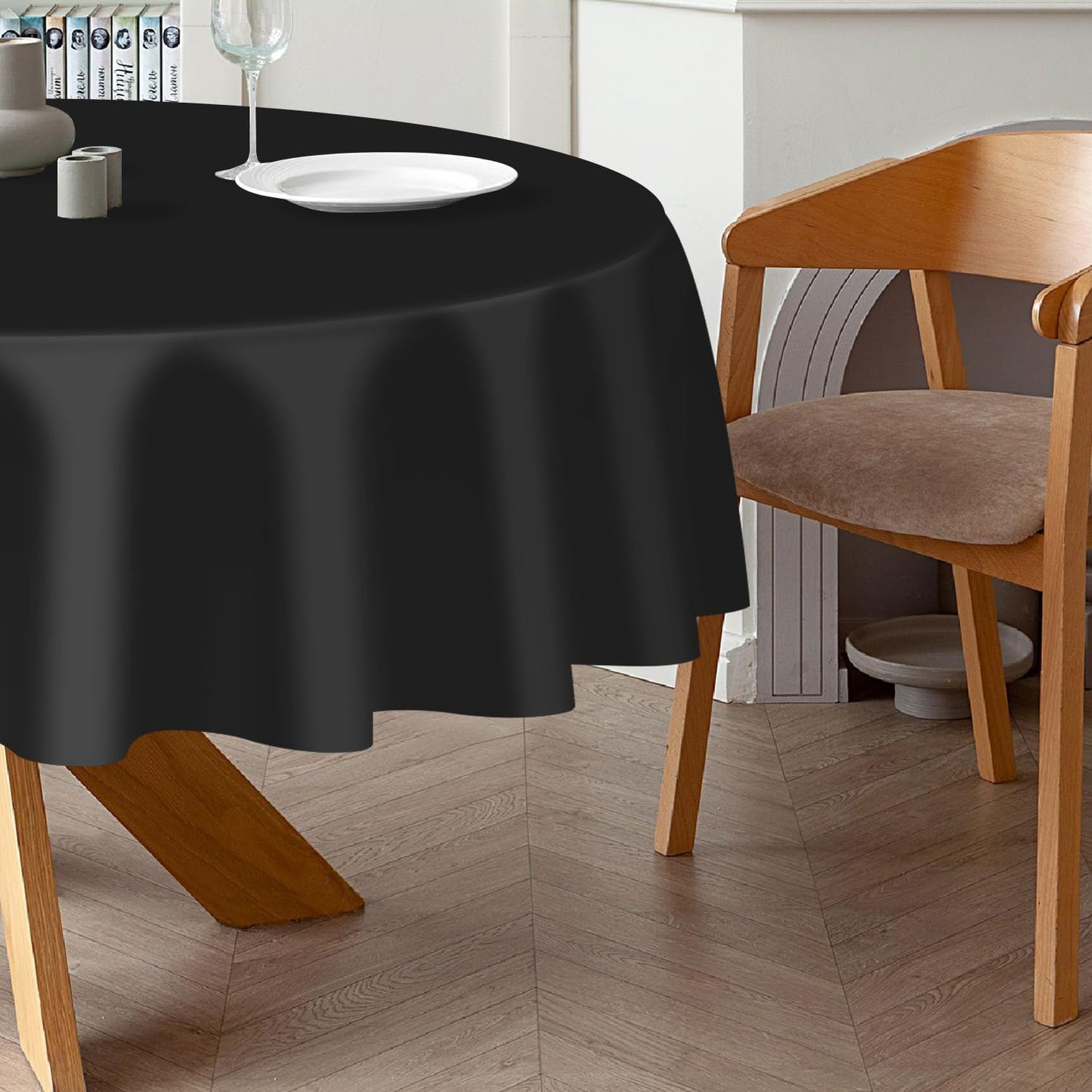 QIKSION Black Round Tablecloth 12 Pack, 84 Inch Plastic Table Cover Disposable for Parties