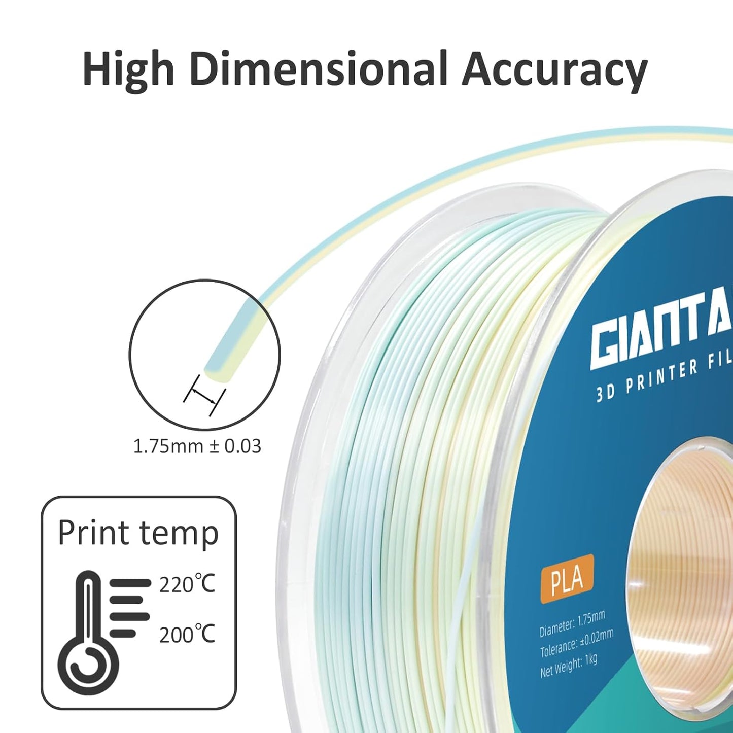 GIANTARM 3D Printer Filament Silk PLA,1.75mm Gradient Rainbow PLA Color Changing Filament with Vacuum Packaging,1kg (2.2lbs) Spool,Dimensional Accuracy +/- 0.02 mm