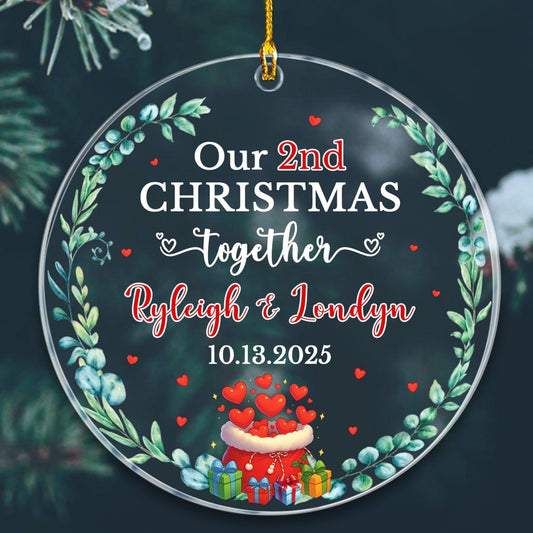 Our 2ND Christmas Together Ornament 2025, Personalized Date & Names Couple Together Xmas Ornament Gift for Dating Anniversary, Custom Mr & Mrs Christmas Ornaments for Women Men Boyfriend Girlfriends