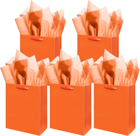 Gcardist Bright Orange Gift Bags with Tissue Paper for Wedding, Birthday, Party Supplies-7.9"x4.3"x9.6" Medium Size Cardboard Gift Bags（5pcs Bags +10pcs Tissue Paper ）