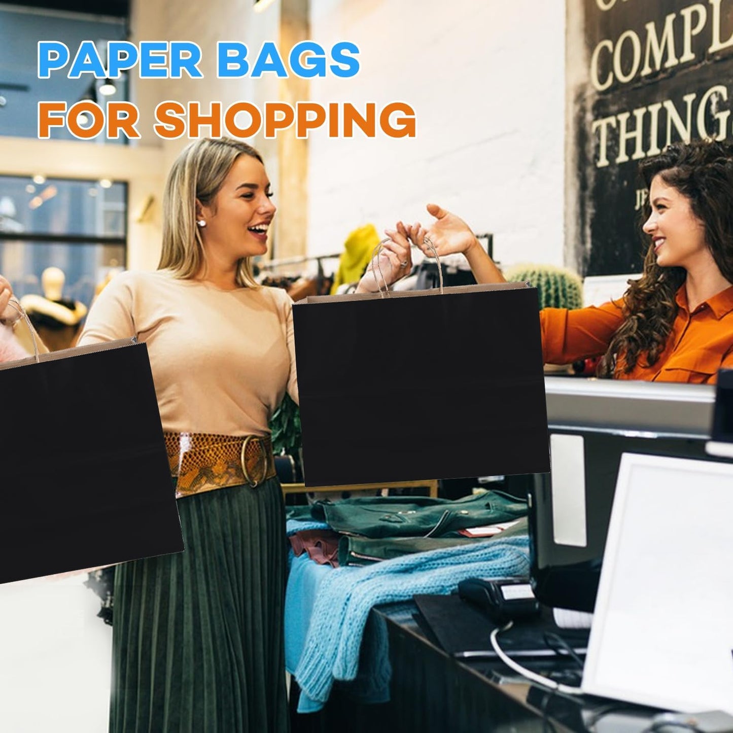 BURVAGY 16x6x12 Inch 100 Pcs Kraft Paper Bags with Handles Bulk, Kraft Shopping Black Large Recycled Gift Paper Bags with Handles for Small Business, Retail,Boutique,Grocery