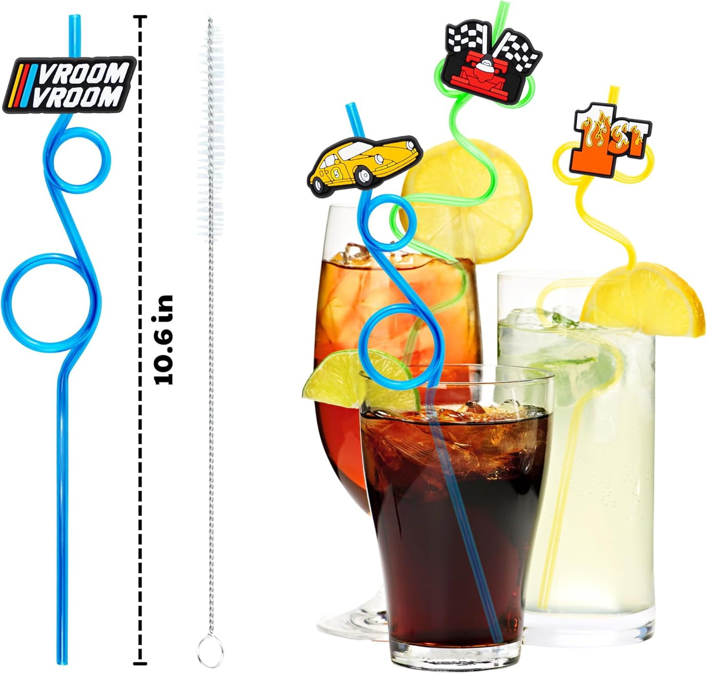 24 PCS Race Car Drinking Crazy Straws for Kids Racing Pit Crew Checkered Flag Race Car Themed Birthday Party Supplies Favors Decorations with 24 PVC Cute Charm, 2 Cleaning Brushes Reusable Straw
