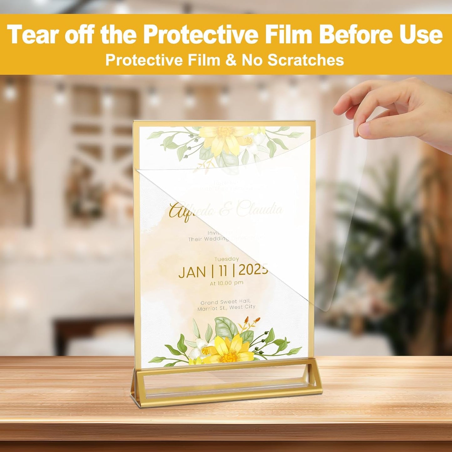 EHWINE 16 Pack Acrylic Sign Holder 8.5 x 11, Double Sided Gold Picture Frame Stand up Table Top Sign Holders, Clear Display Stand Menu Flyer Holder for Wedding Party (Provide Non-slip Mats)