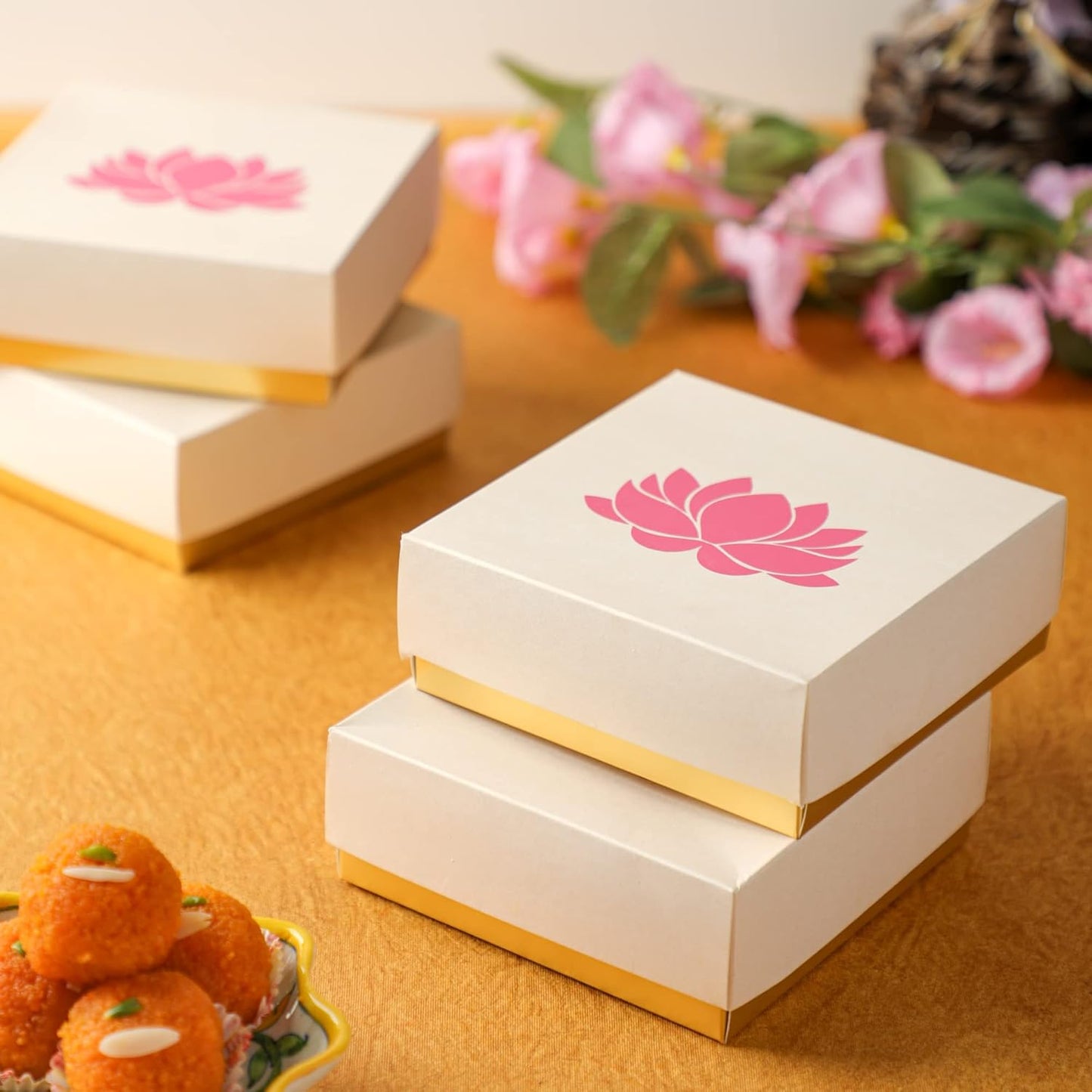 Lotus Printed White Sweet Boxes for Indian Sweets, Cookies, Goodies, Mithai, Candy, Gift Boxes with Lids Bulk, Handmade Bulk Mithai Box, Favor Boxes for Wedding, 2.95x5.51 Inch (Pack of 4)