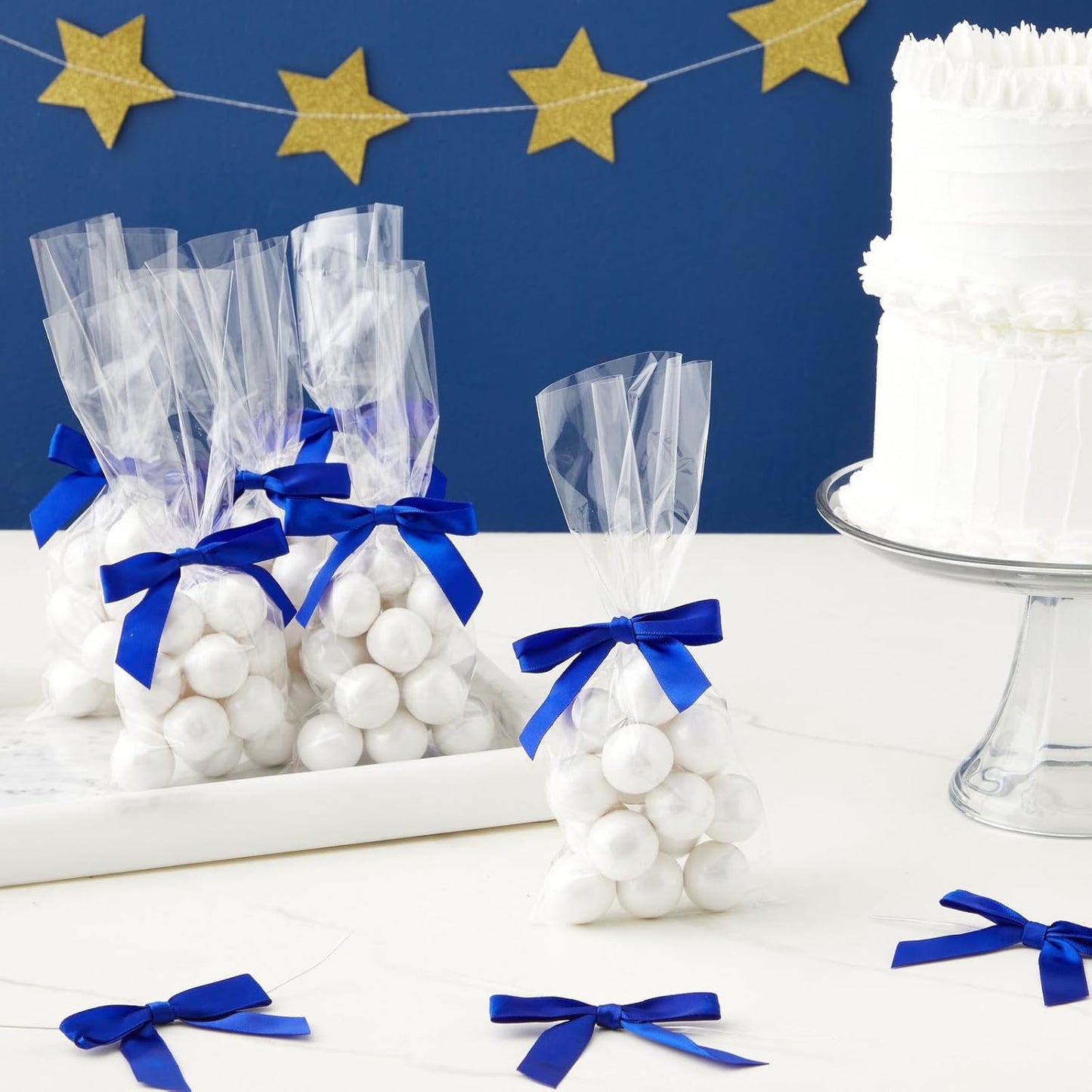 Bright Creations Gift Bows with Twist Ties 100Ct - 3-Inch Satin Bows & 5.7-Inch Polyester Ties, Dark Blue - Gift Wrap Ribbon for Party Favor & Treat Bags