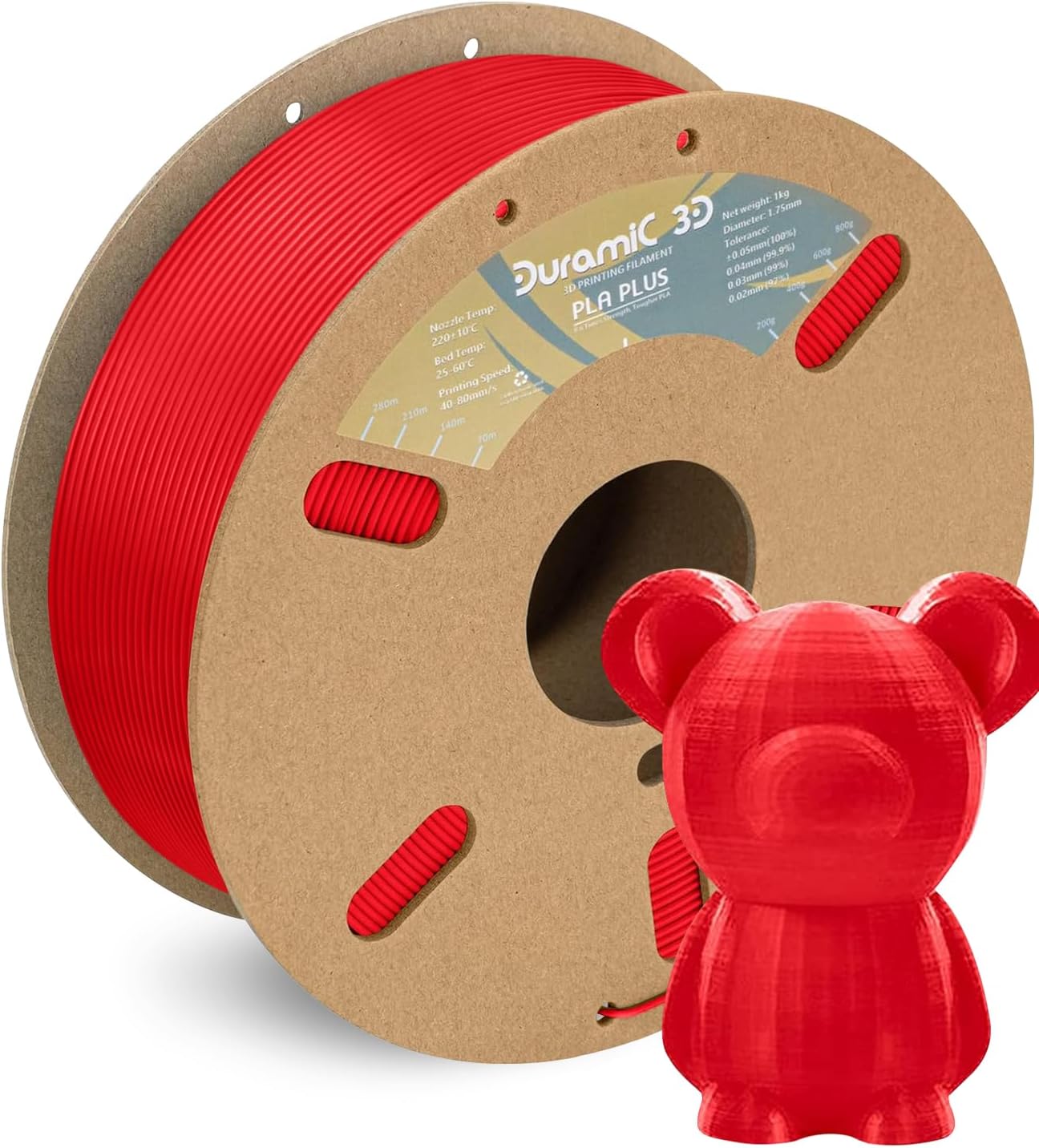 DURAMIC 3D PLA+ Filament 1.75mm 1Kg Red, PLA Plus Filament 1Kg Spool(2.2lbs) Tougher and Stronger, Dimensional Accuracy Probability +/- 0.02mm
