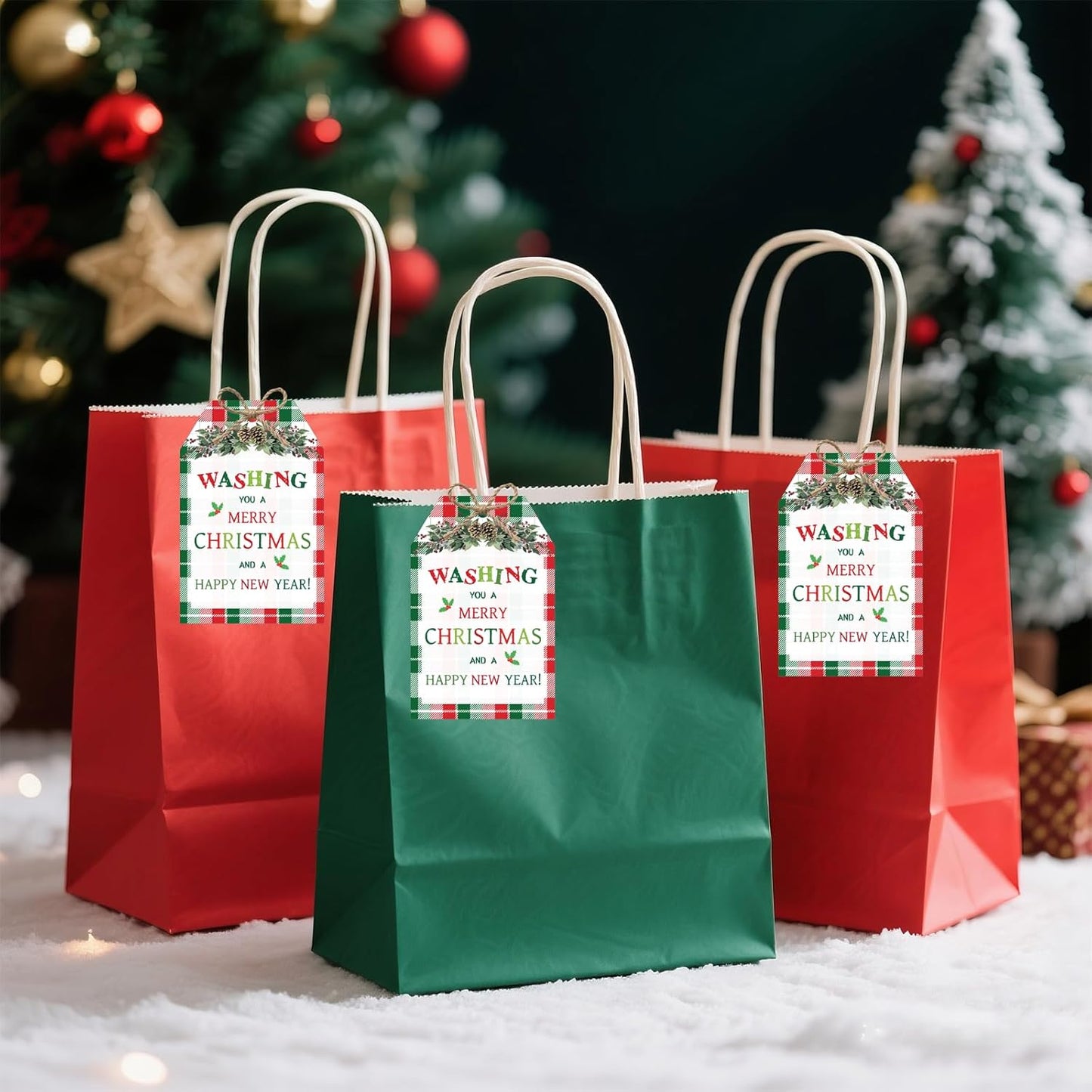 60Pcs Merry Christmas Tags with String, 3.3x2.1 Inch Buffalo Plaid Holiday Gift Tags, Xmas Happy New Year Tag with Holly for Winter Party Candy Bag Envelope Presents Gift Favor