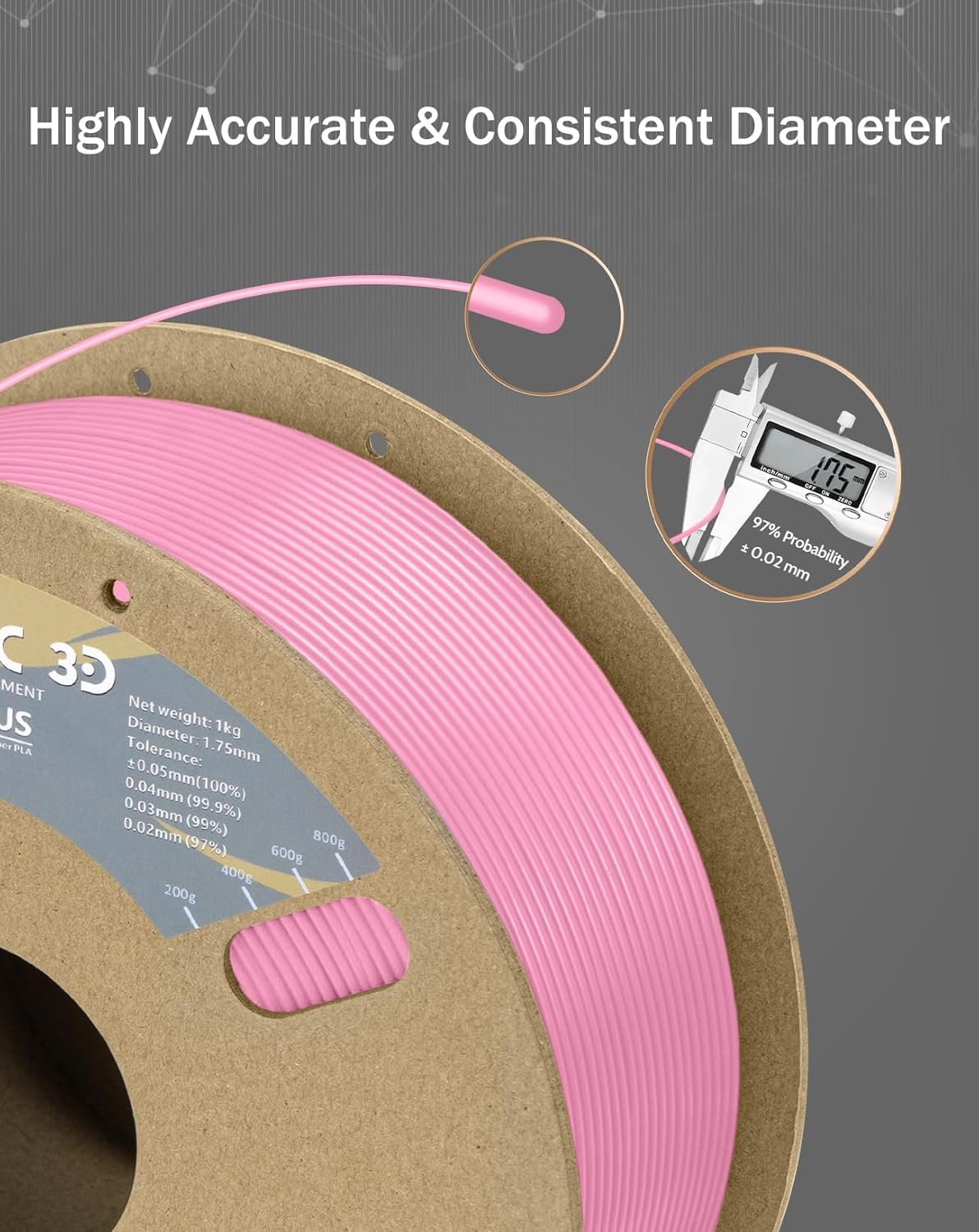 DURAMIC 3D PLA+ Filament 1.75mm 1Kg Pink, PLA Plus Filament 1Kg Spool(2.2lbs) Tougher and Stronger, Dimensional Accuracy Probability +/- 0.02mm