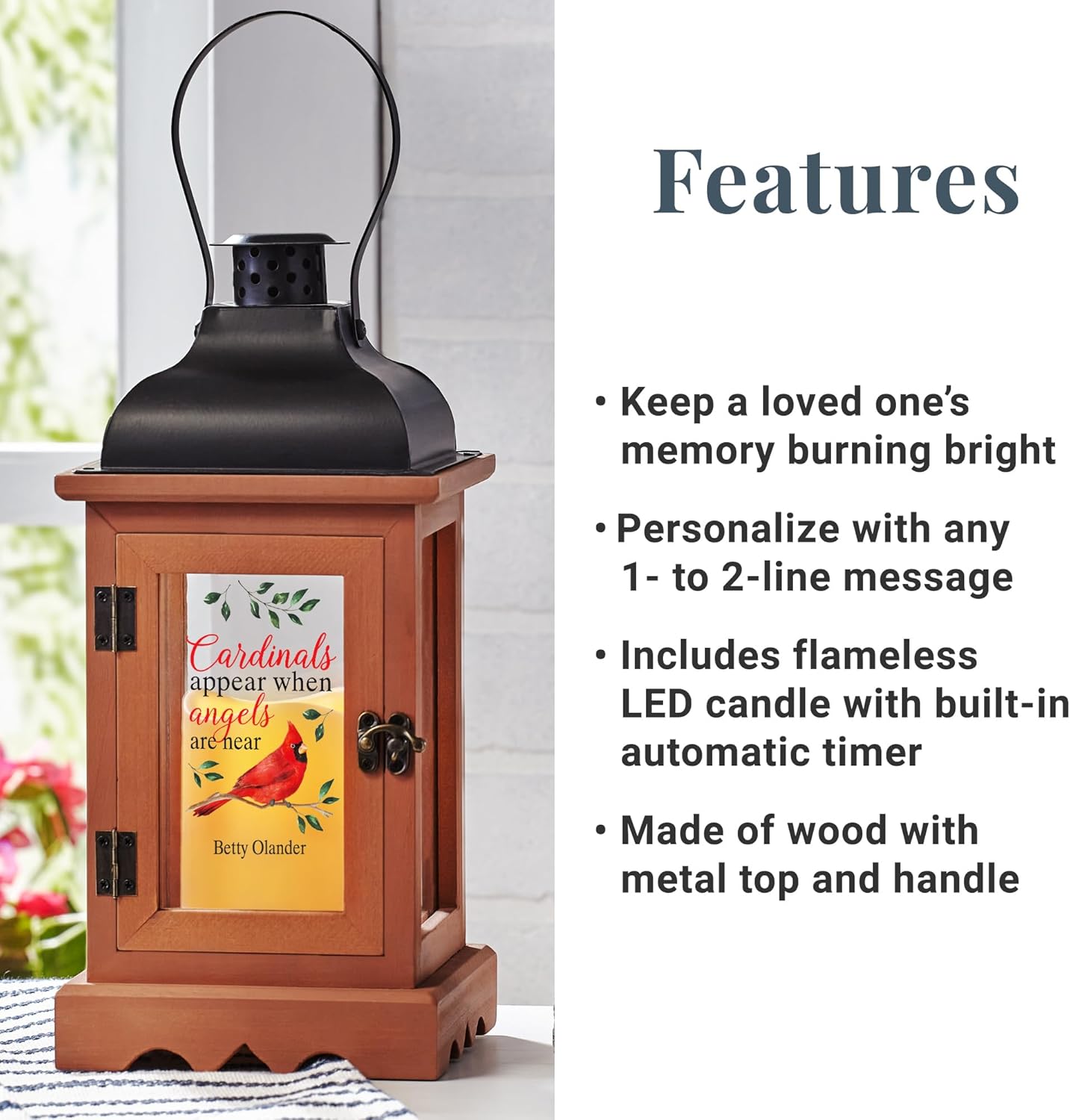 Let's Make Memories Personalized Memorial Lantern with LED Candle - Sympathy Gift - Condolences - in Memory - Automatic Timer - Wood/Metal - Cardinals Appear When Angels are Near