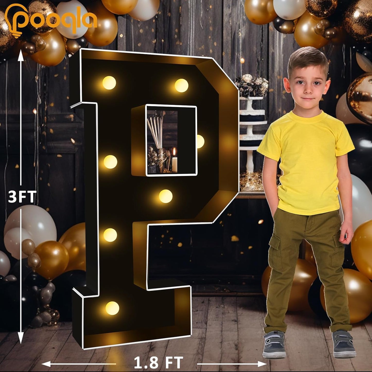 Pooqla 3FT Marquee Light Up Letters, Black LED Party Decor Large Marquee Letters 3 Feet Tall, Giant Mosaic Letter for Birthday Graduation Anniversary Wedding Decoration, Letter P