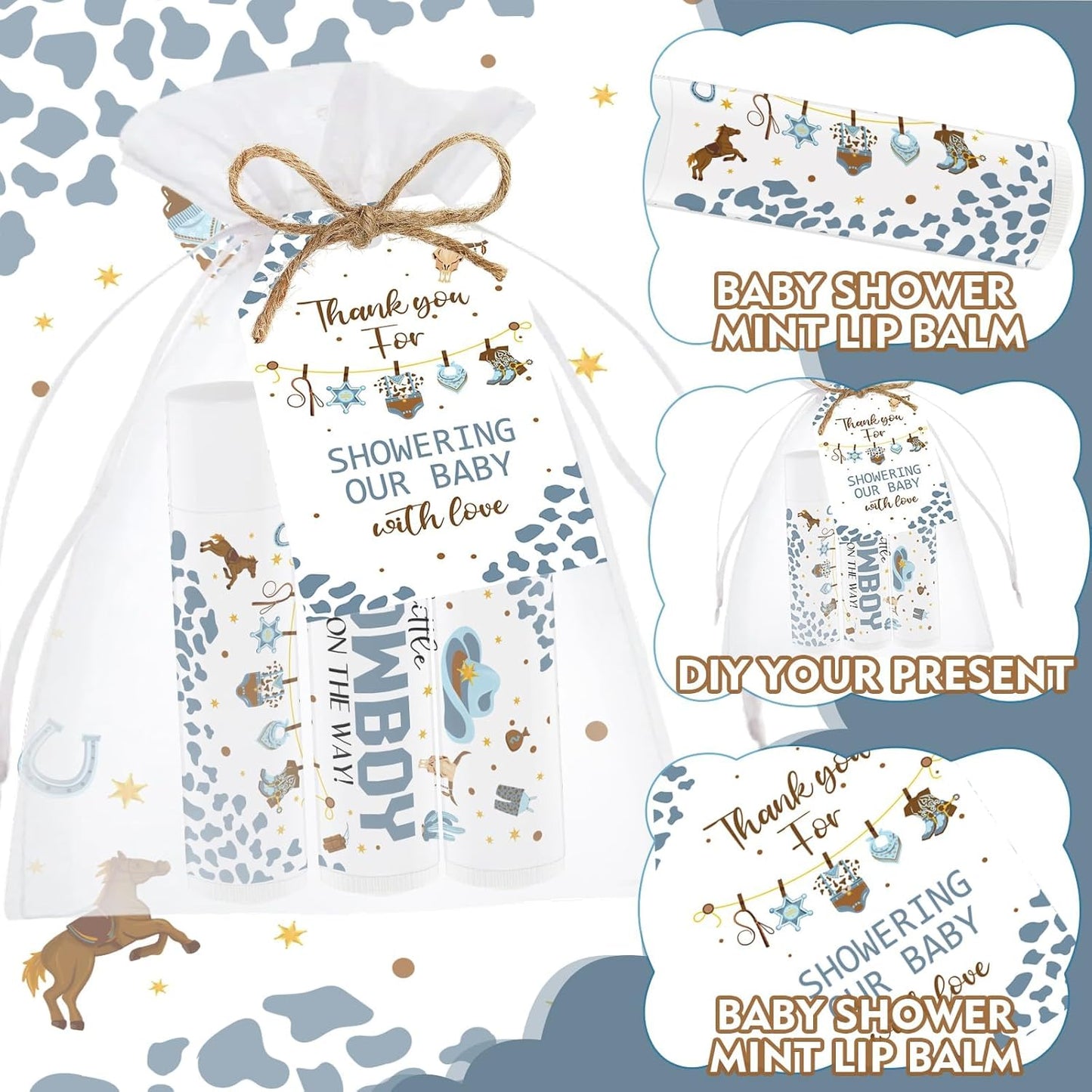 50 PCS Baby Shower Cowboy Lip Balm Bulk Neutral Gender Reveal Boys Girls Games Baby Shower Favors Gifts for Guests Moisturizing Lip Care Cowboy Themed Birthday Party Supplies Decorations