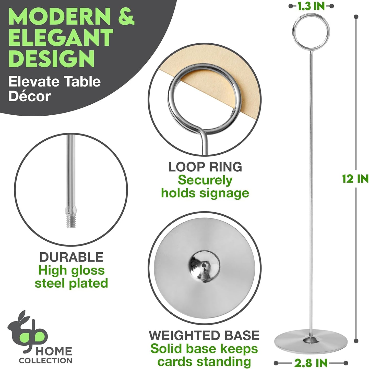 Gray Bunny Metal Table Number Holders, 12 Pack, 12 in Tall, Silver Chrome, Card Holders Tabletop Table Number Stands, Wire Clip for Restaurants Recipe Place Card Signs, Weddings, Banquets, Pictures