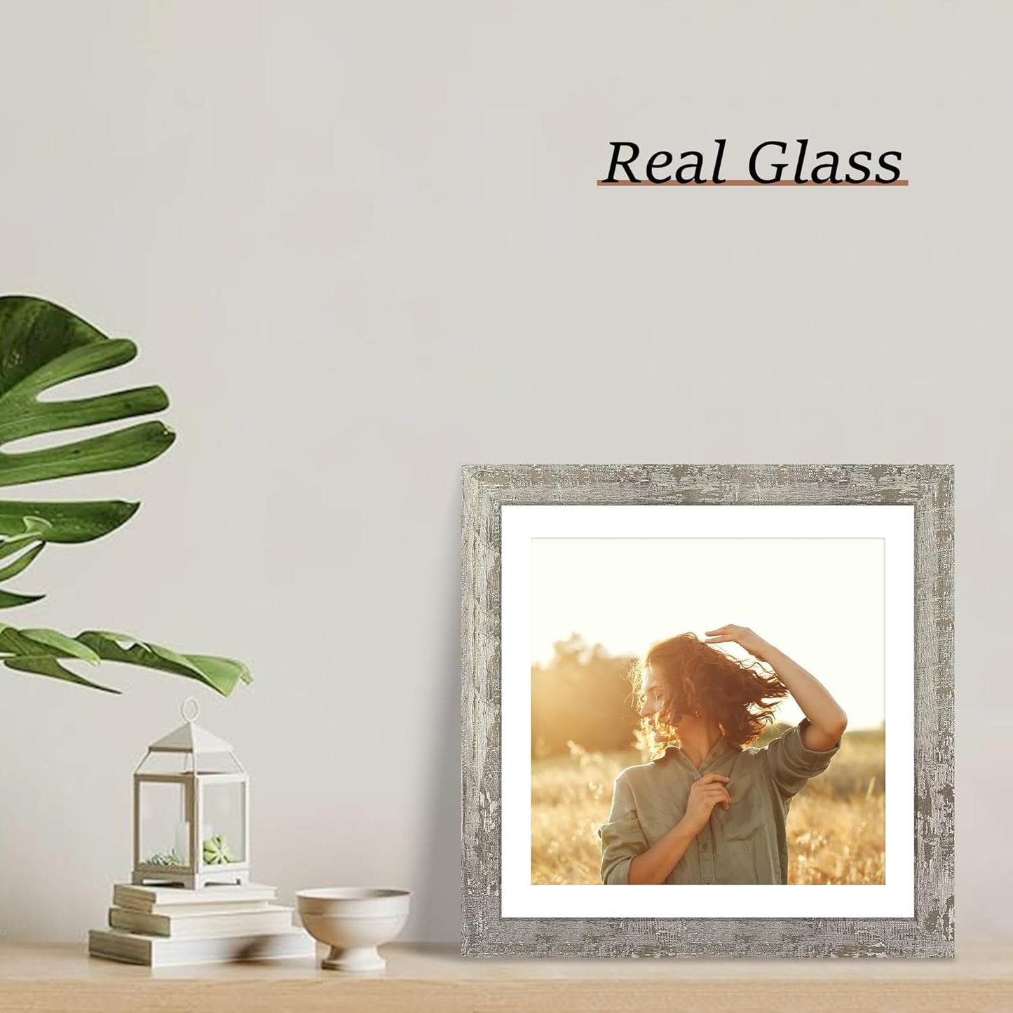 12x12 Picture Frame Set of 4 with Tempered Glass, Display 10x10 Picture with Mat or 12 x 12 Without Mat, Rustic Wood Square Photo Frame for Desktop Display and Wall Mounting