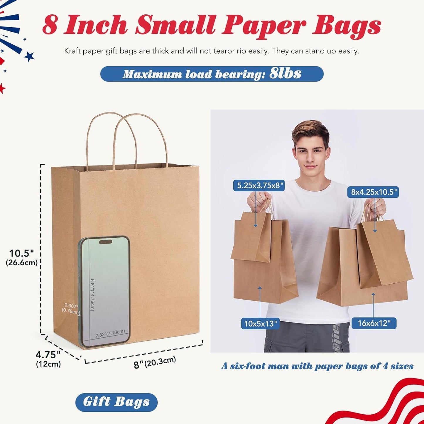 GSSUSA 100 Pack 8x4.25x10'' Paper Gift Bags with Handles Bulk, Brown Kraft Bags for Small Business, Sturdy Retail Shopping, Birthday Wedding Party Favor Craft Bag(Made in USA)