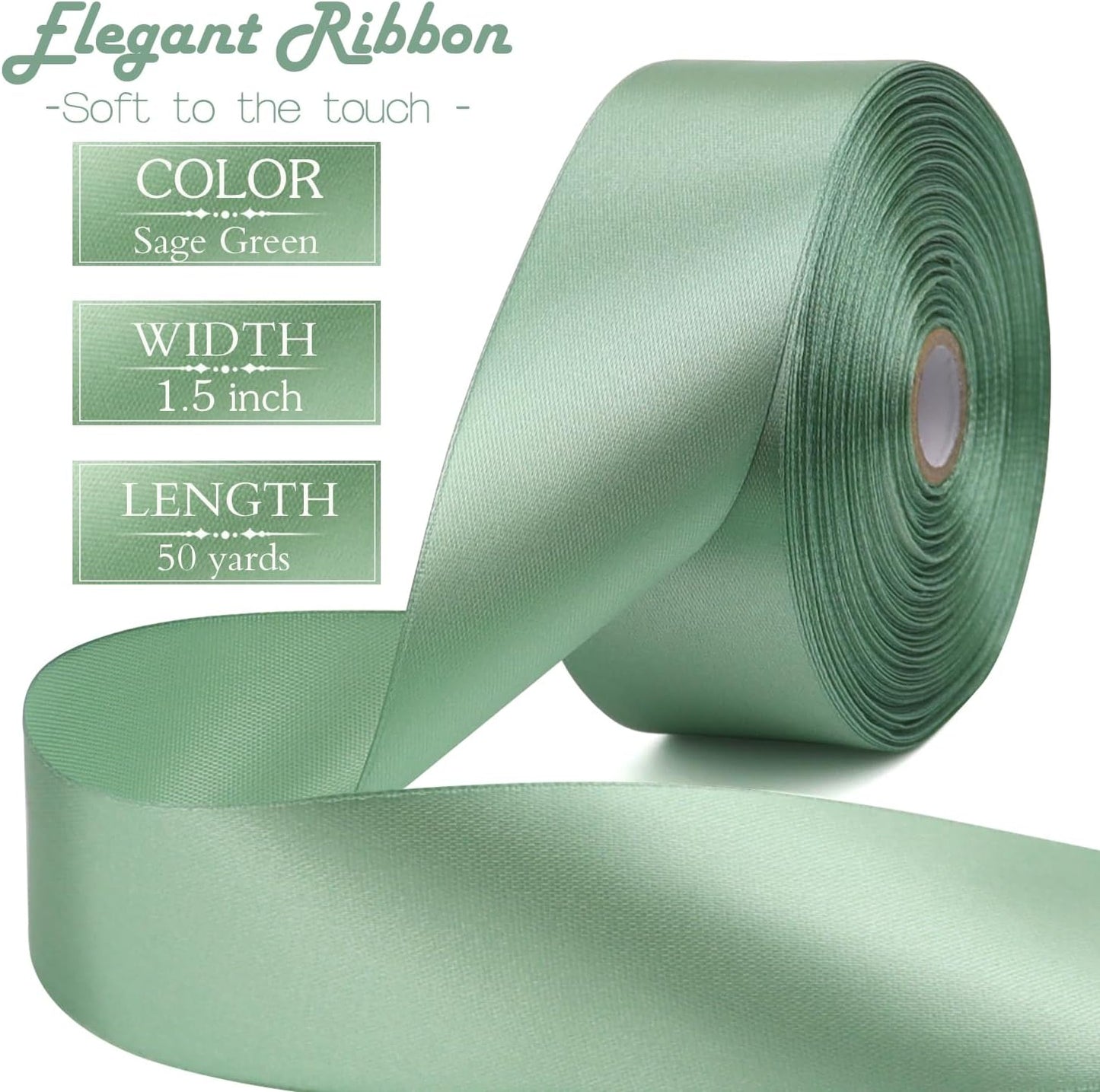 Sage Green Solid Satin Ribbon 1-1/2 Inch 50 Yards Solid Polyester Fabric Ribbon for Gift Wrapping Wedding Christmas Baby Shower Birthday Party Decoration Handmade Immortal Flower Craft